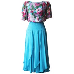 Diane Freis Vintage Ruffled Floral-Print Silk Midi Dress