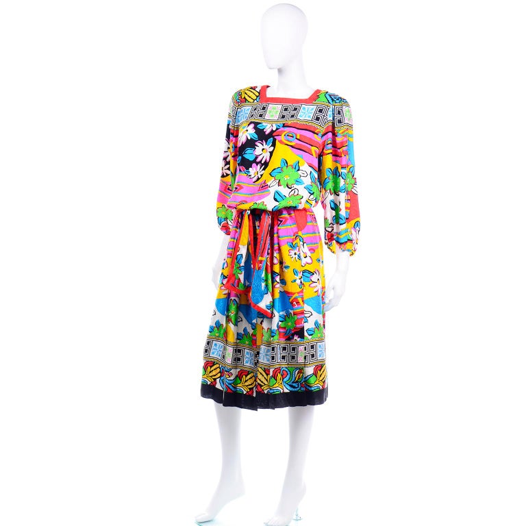 Diane Freis Vintage Silk 1980s Dress in a Colorful Bold Print With Belt ...