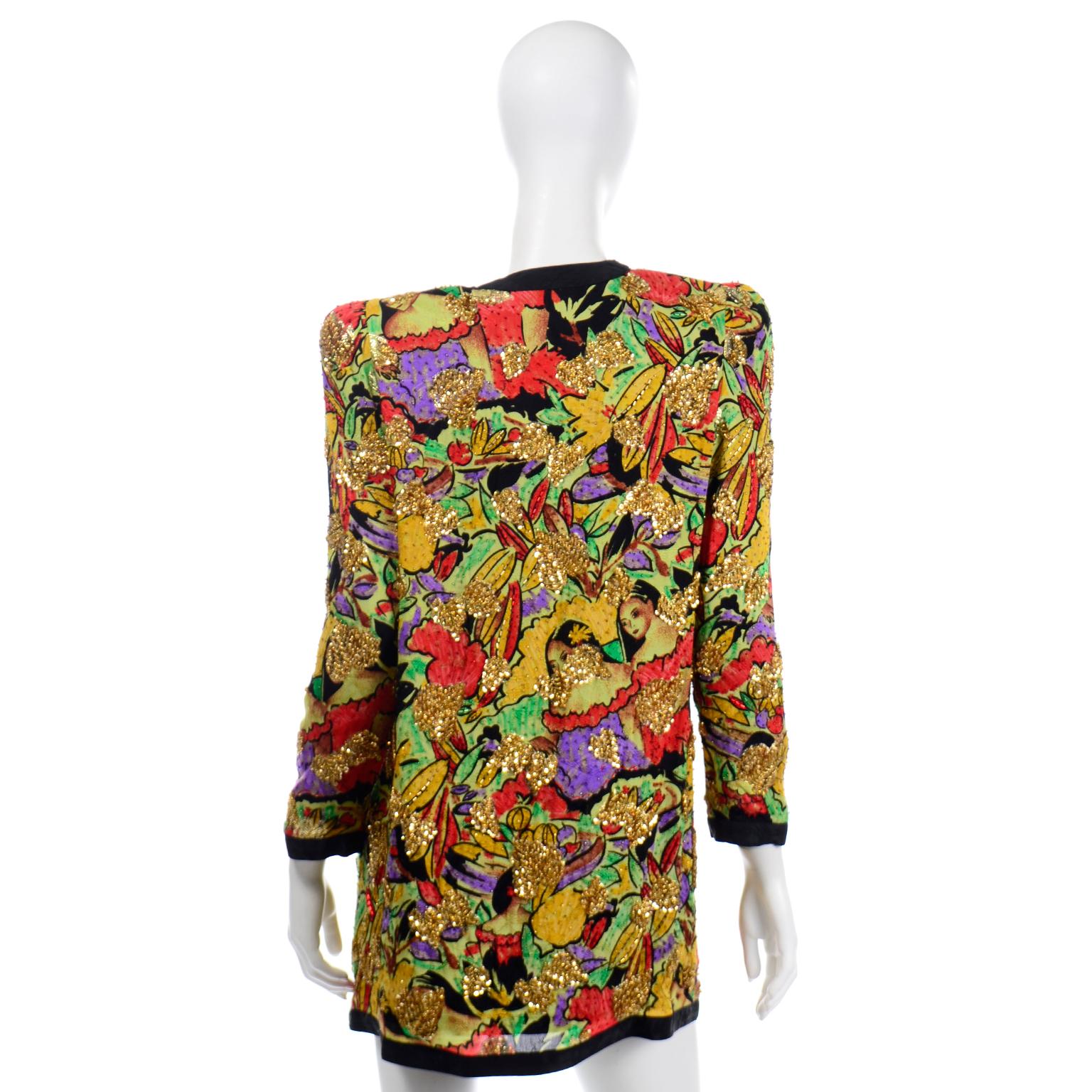 Diane Freis Vintage Silk Beaded Sequin Novelty Face Print Jacket W Womens Heads In Good Condition In Portland, OR
