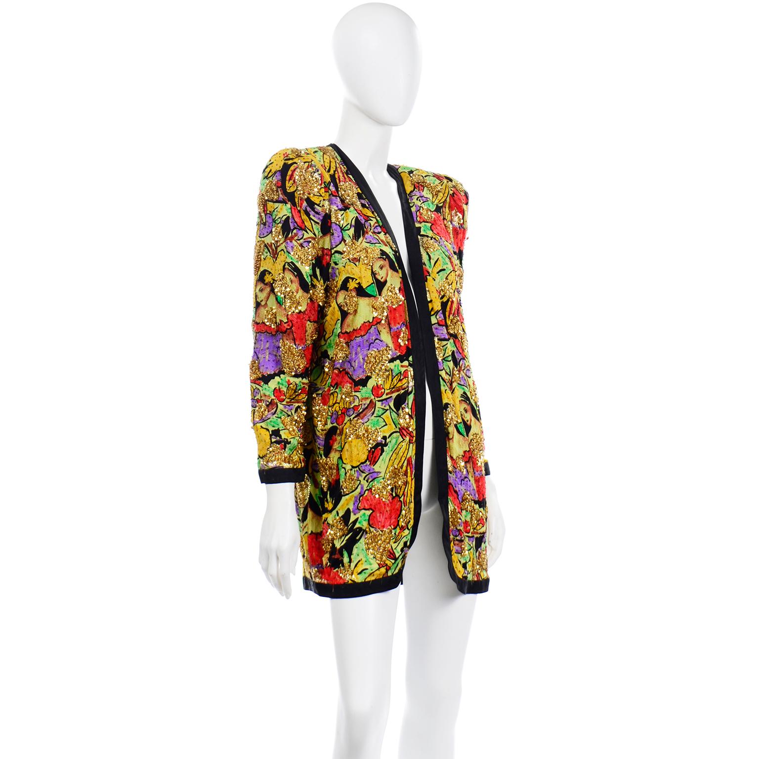 Women's Diane Freis Vintage Silk Beaded Sequin Novelty Face Print Jacket W Womens Heads