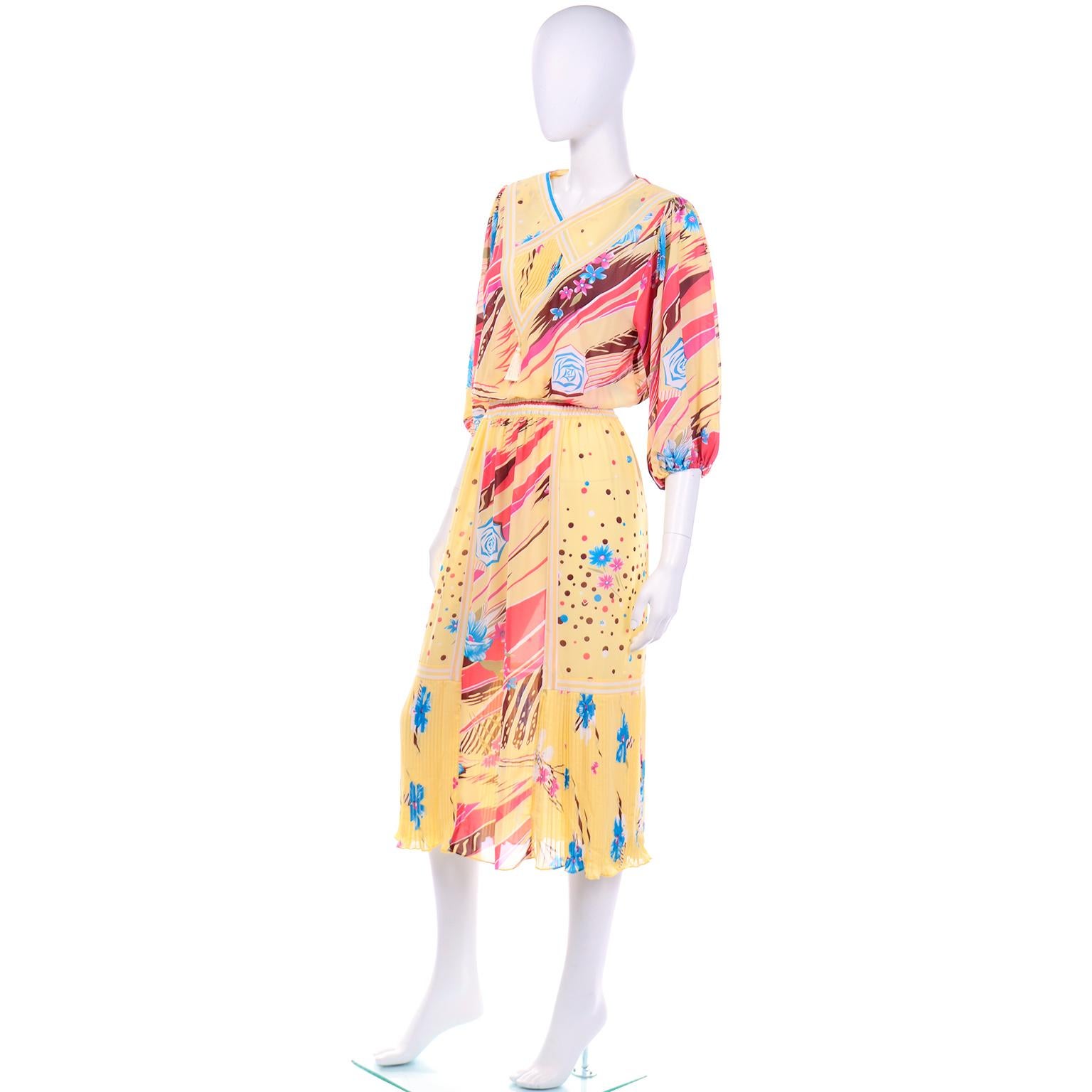 Diane Freis Vintage Gelb Rosa Braun und Blau Print Kleid (Orange)