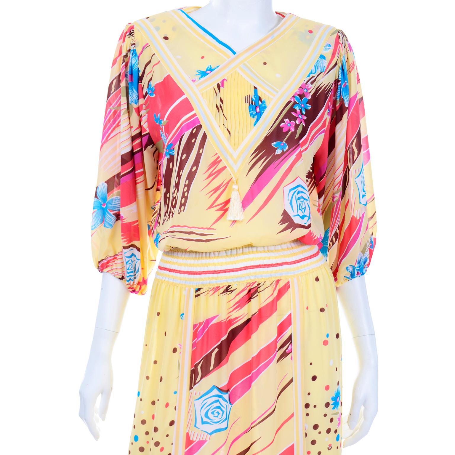 Diane Freis Vintage Gelb Rosa Braun und Blau Print Kleid Damen
