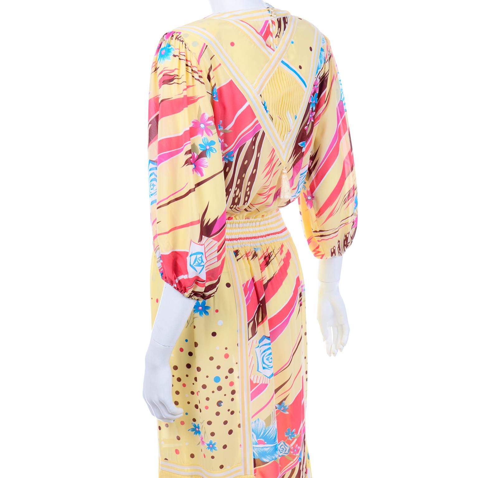 Diane Freis Vintage Gelb Rosa Braun und Blau Print Kleid 1