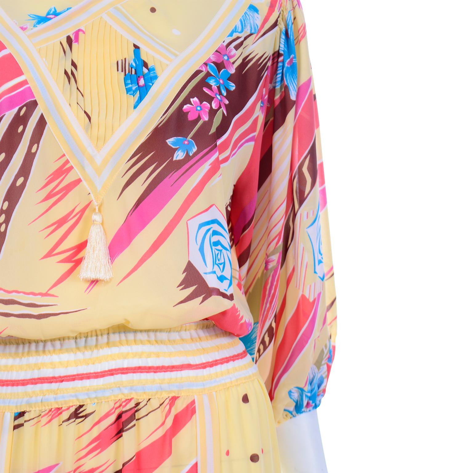Diane Freis Vintage Gelb Rosa Braun und Blau Print Kleid 2