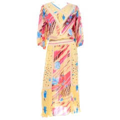 Diane Freis - Robe vintage imprimée jaune:: rose:: marron et bleu