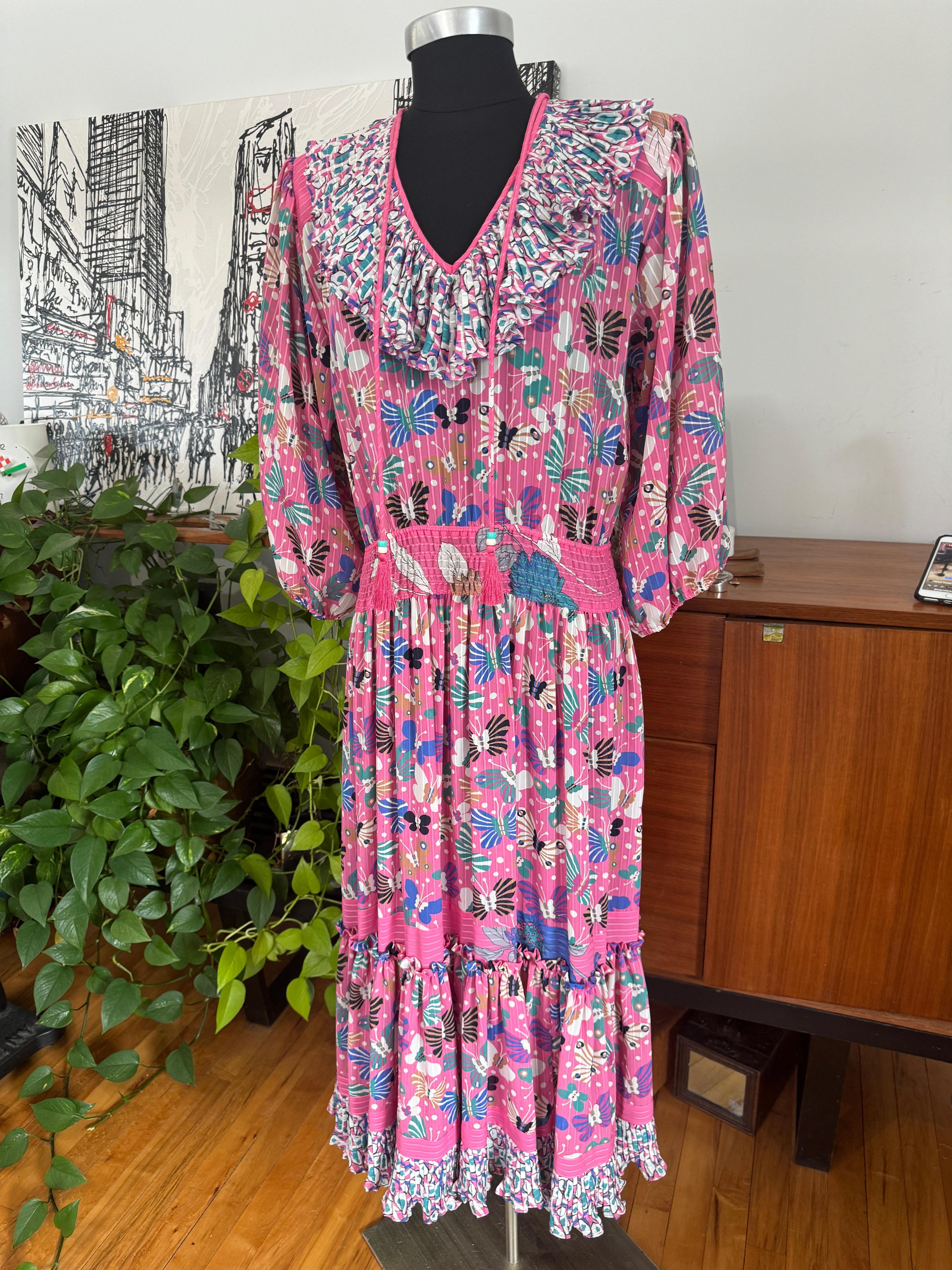 Diane Fres Fresca Volantes Mariposa Georgette Floral Vestido rosa Años 80 en venta 5
