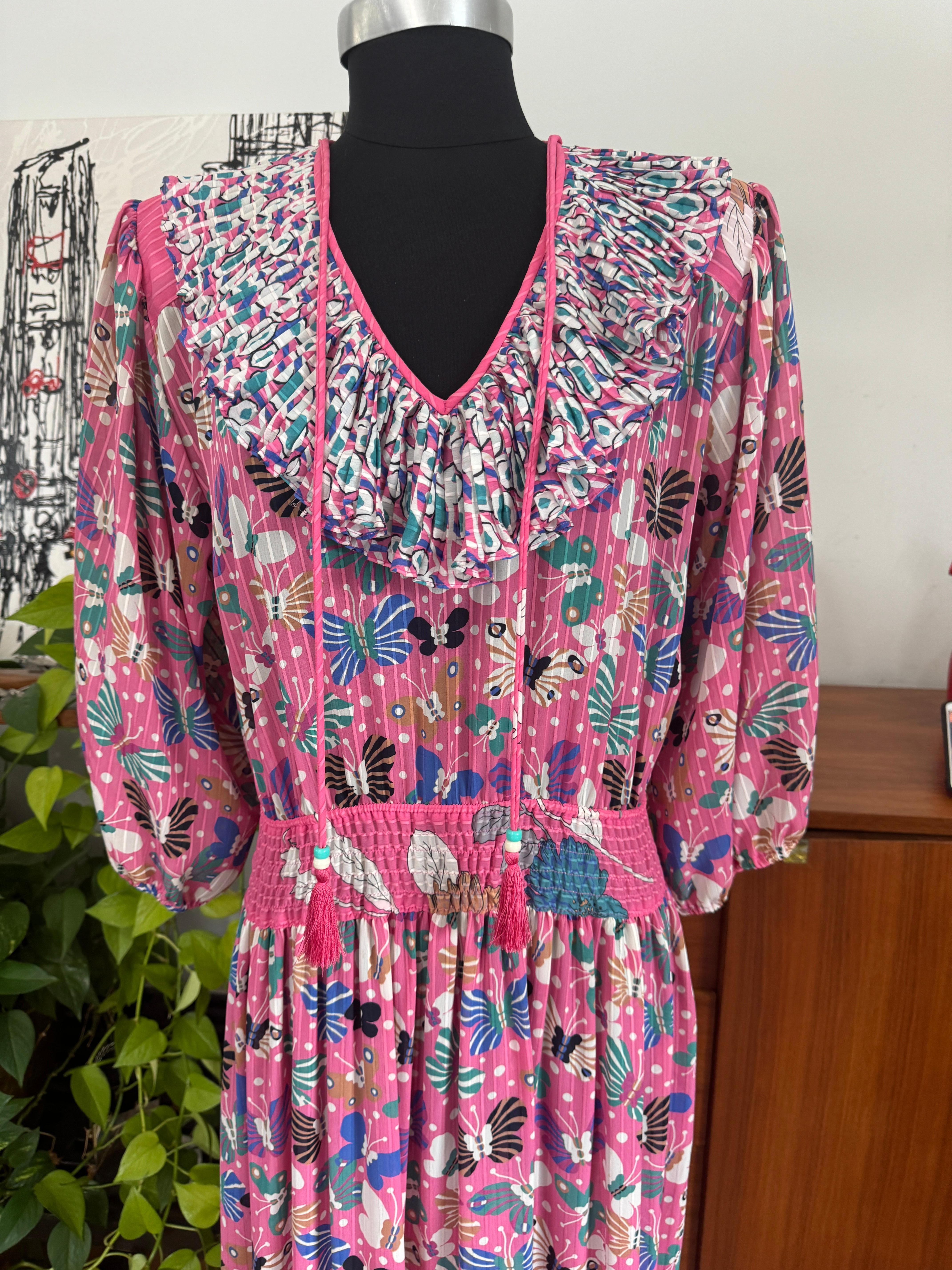 Diane Fres Fresca Volantes Mariposa Georgette Floral Vestido rosa Años 80 en venta 6