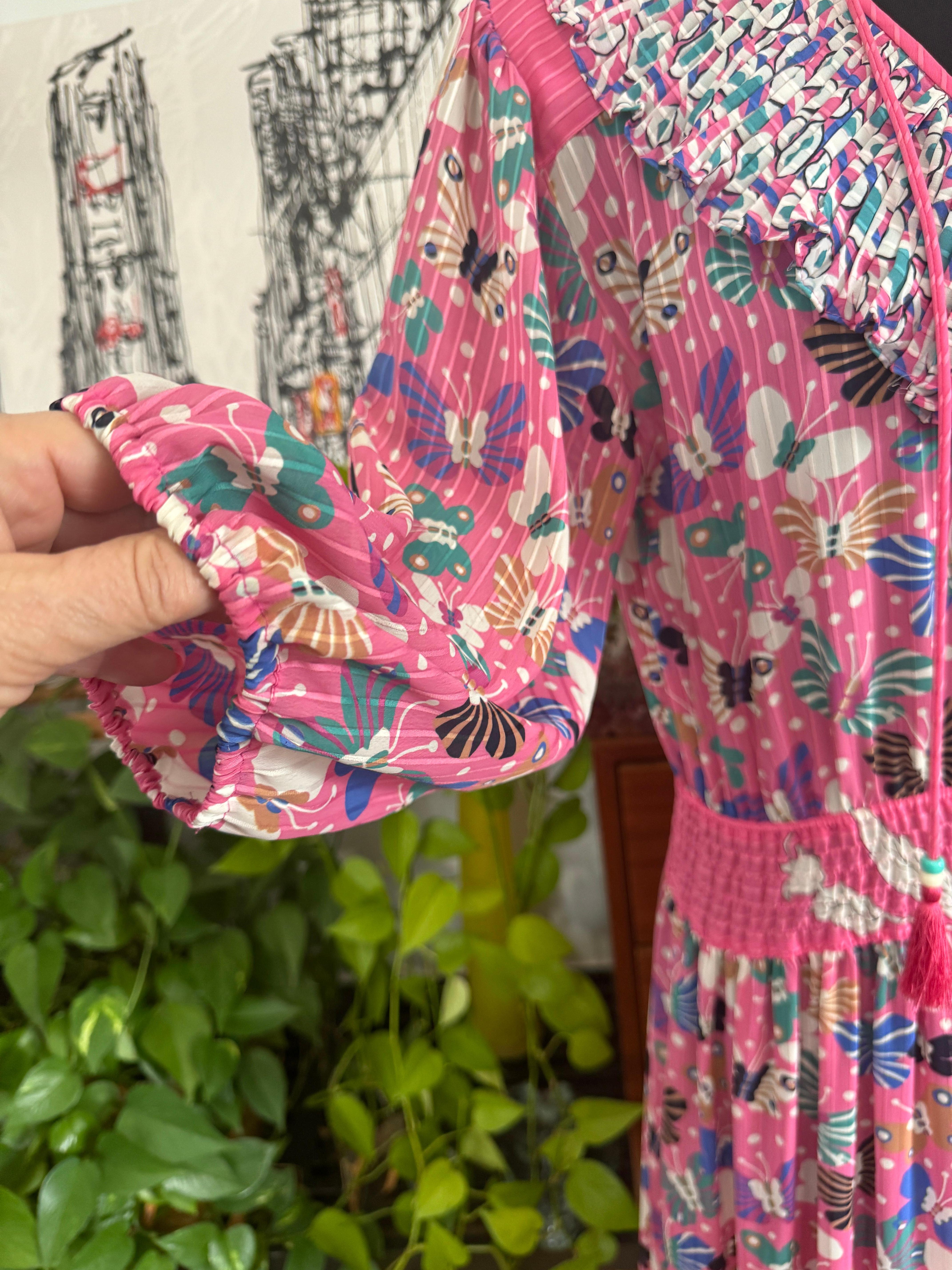 Diane Fres Fresca Volantes Mariposa Georgette Floral Vestido rosa Años 80 en venta 7