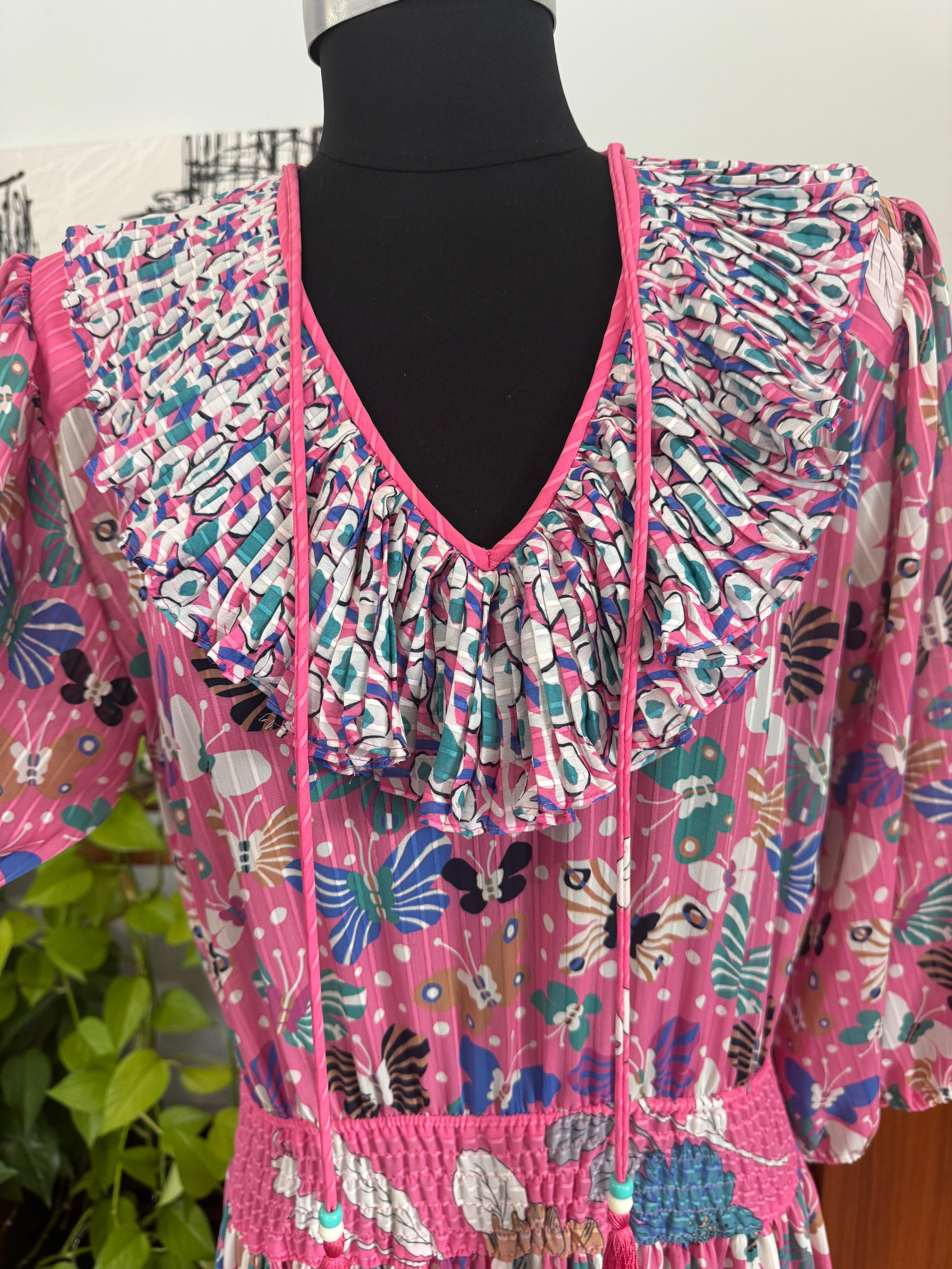 Diane Fres Fresca Volantes Mariposa Georgette Floral Vestido rosa Años 80 en venta 8
