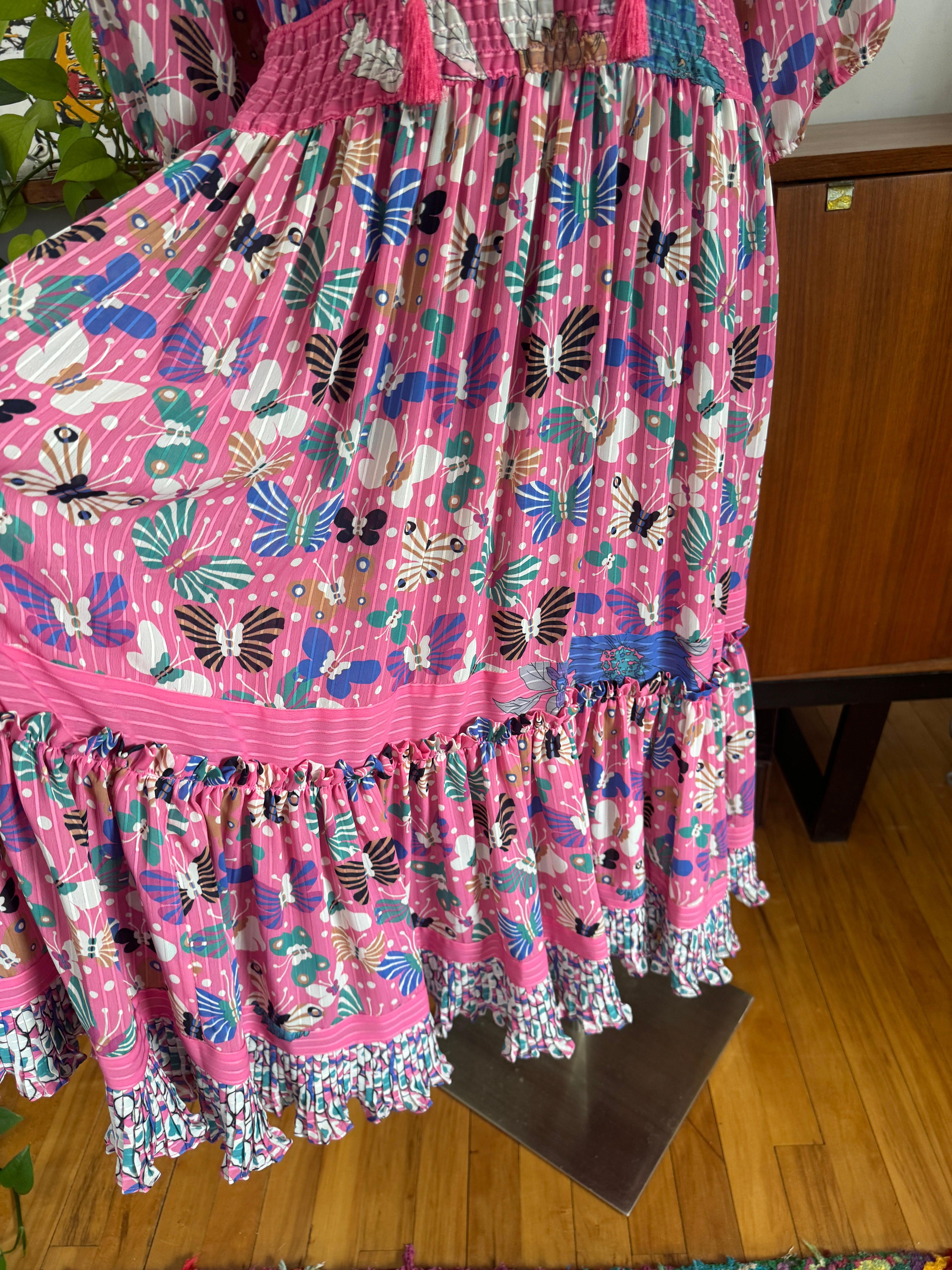 Diane Fres Fresca Volantes Mariposa Georgette Floral Vestido rosa Años 80 en venta 9