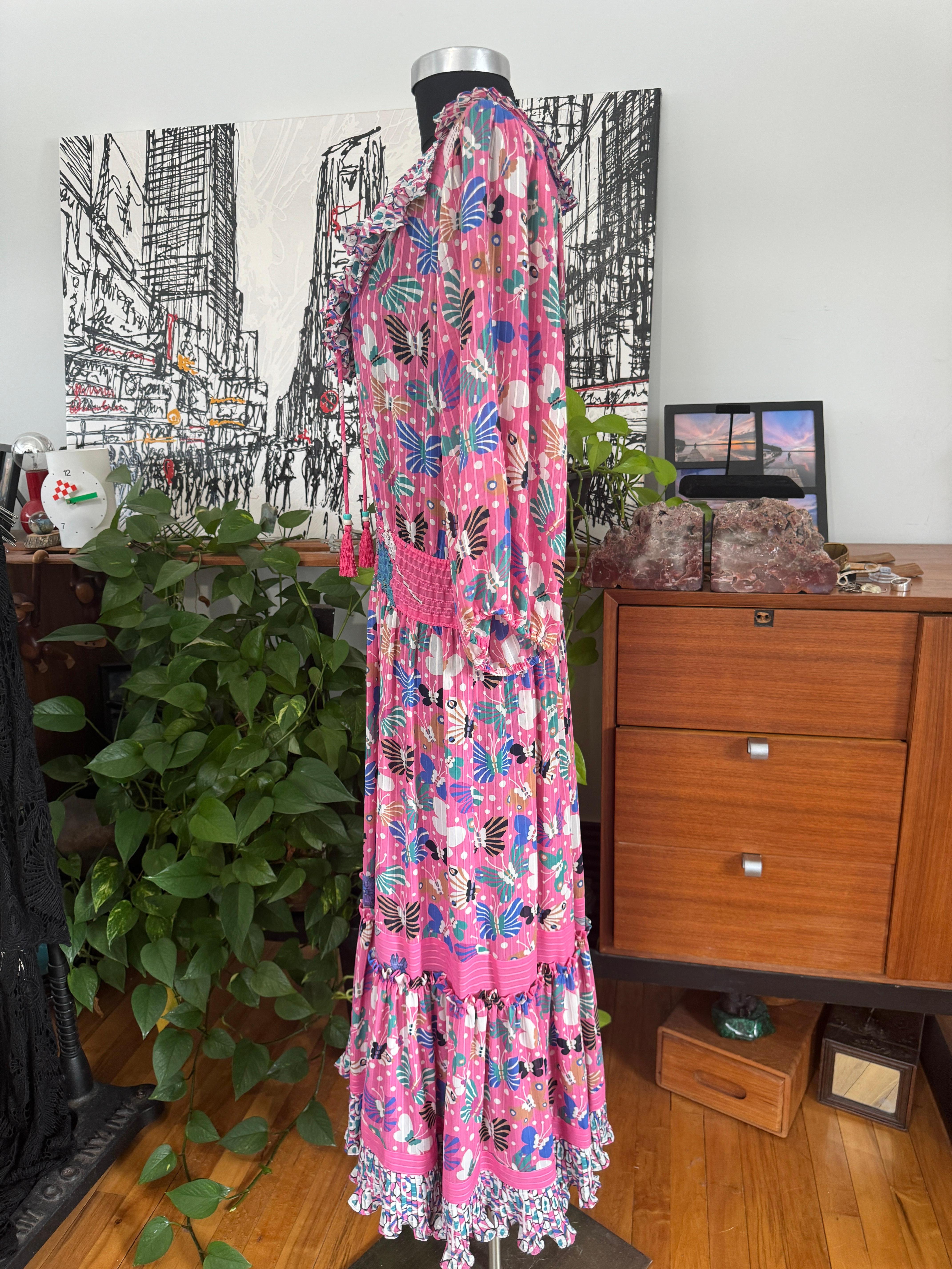Diane Fres Fresca Volantes Mariposa Georgette Floral Vestido rosa Años 80 en venta 10