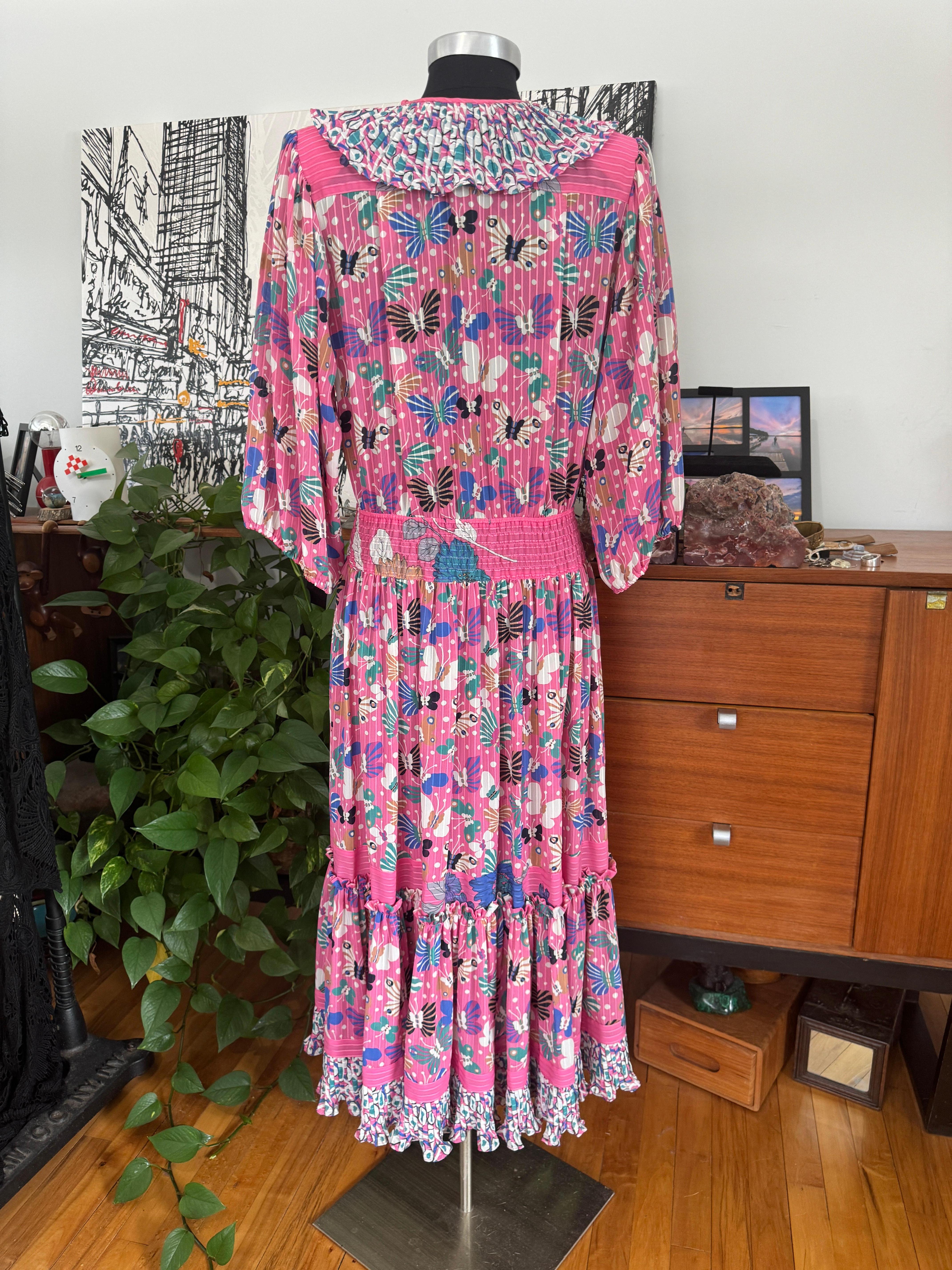 Diane Fres Fresca Volantes Mariposa Georgette Floral Vestido rosa Años 80 en venta 11