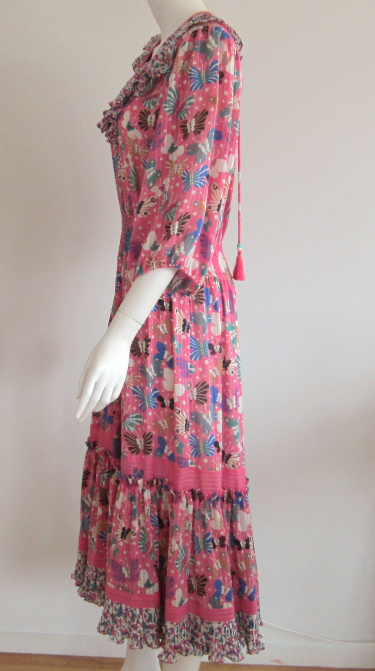 Women's Diane Fres Ruffled Butterfly Georgette Floral Pink dress 1980s For Sale