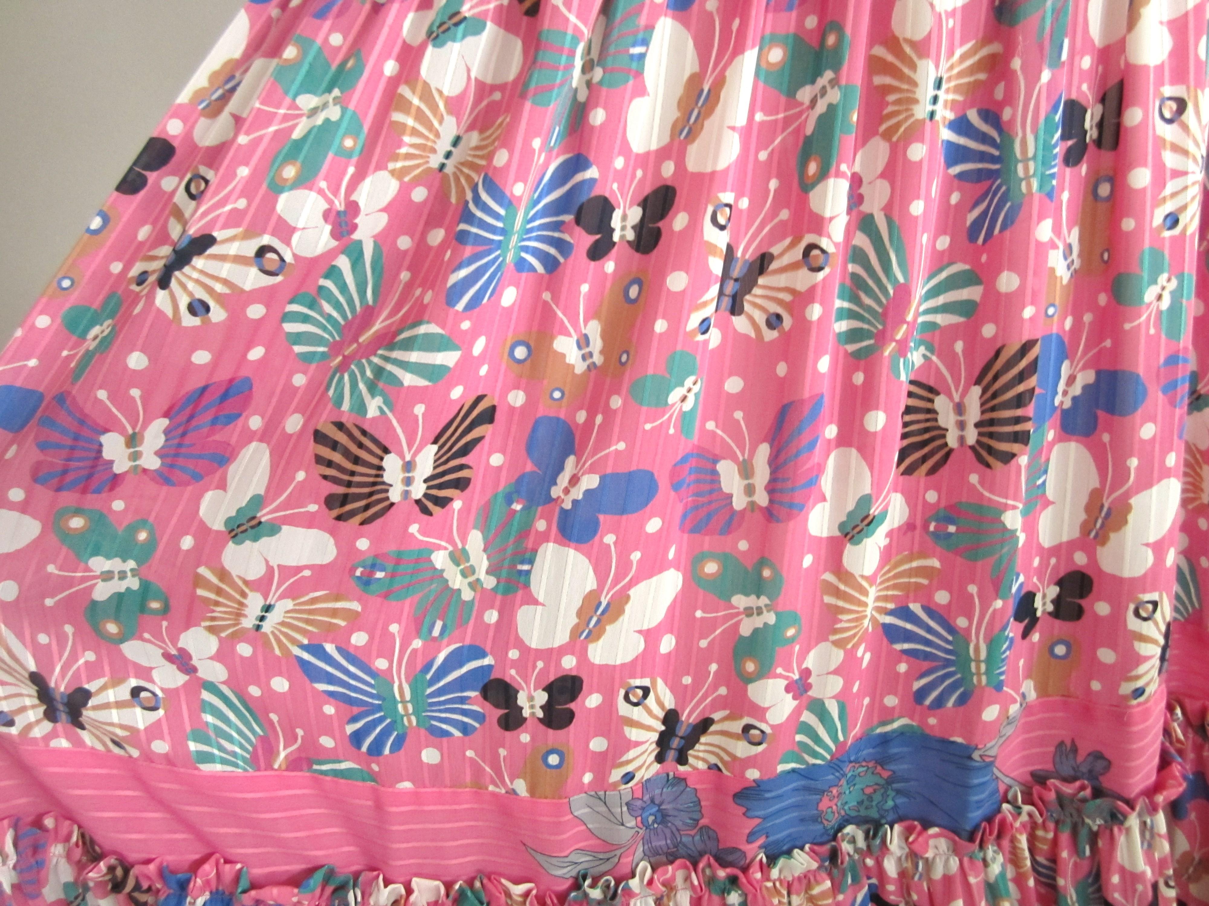 Diane Fres geraffte Schmetterling Georgette geblümtes rosa Kleid 1980er Damen im Angebot
