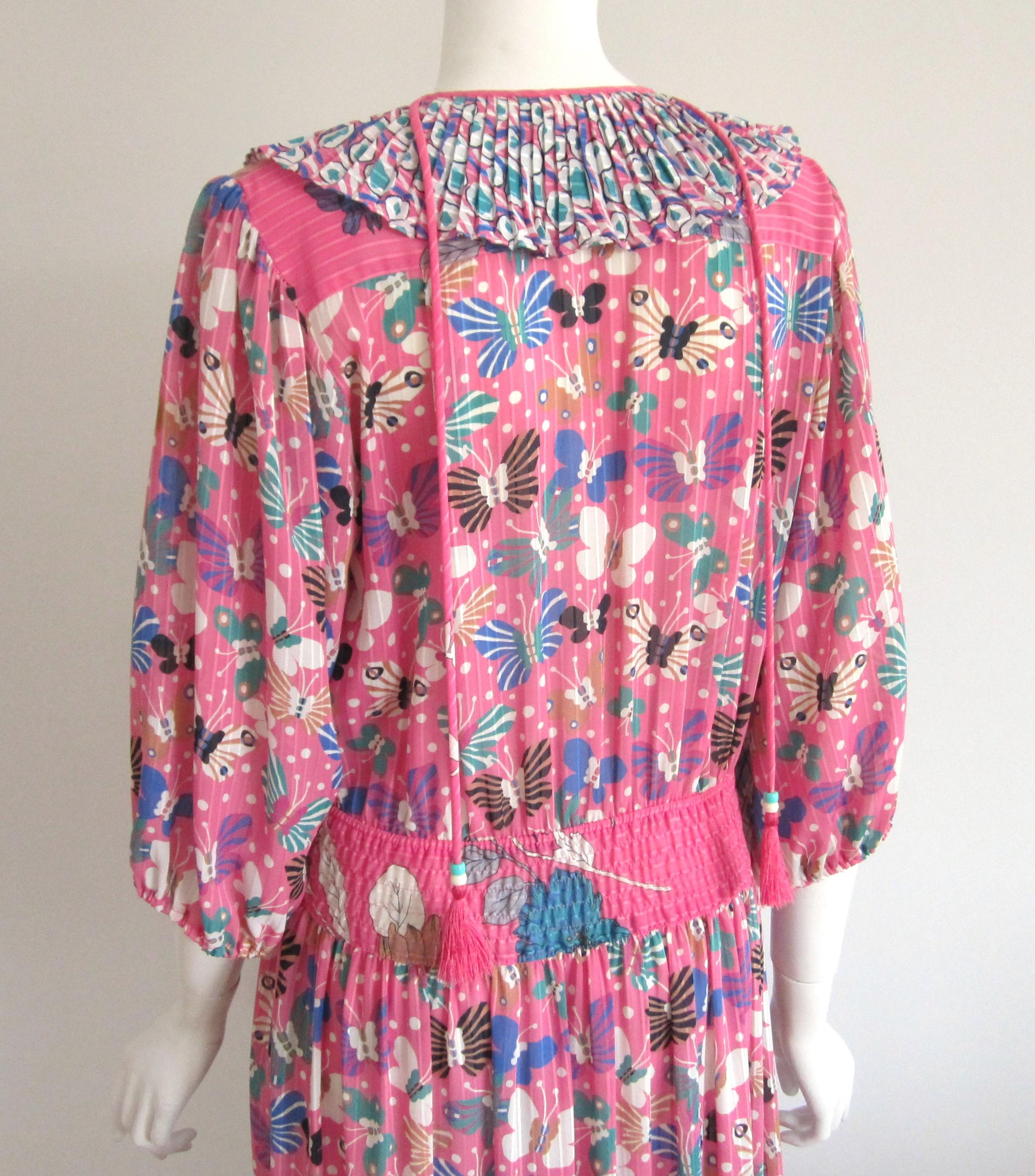 Diane Fres Ruffled Butterfly Georgette Floral Pink dress 1980s For Sale 3