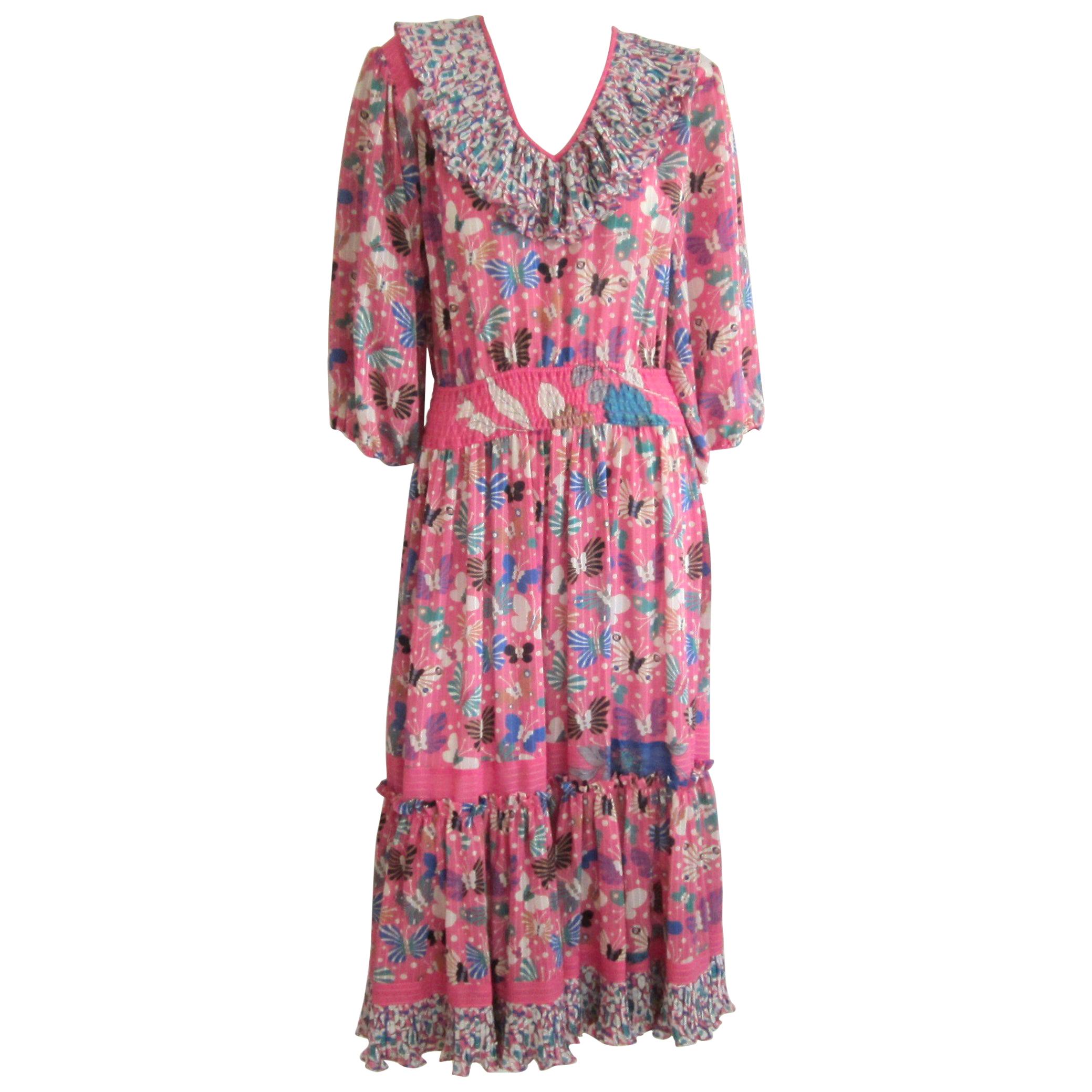 Diane Fres Ruffled Butterfly Georgette Floral Pink dress 1980s For Sale