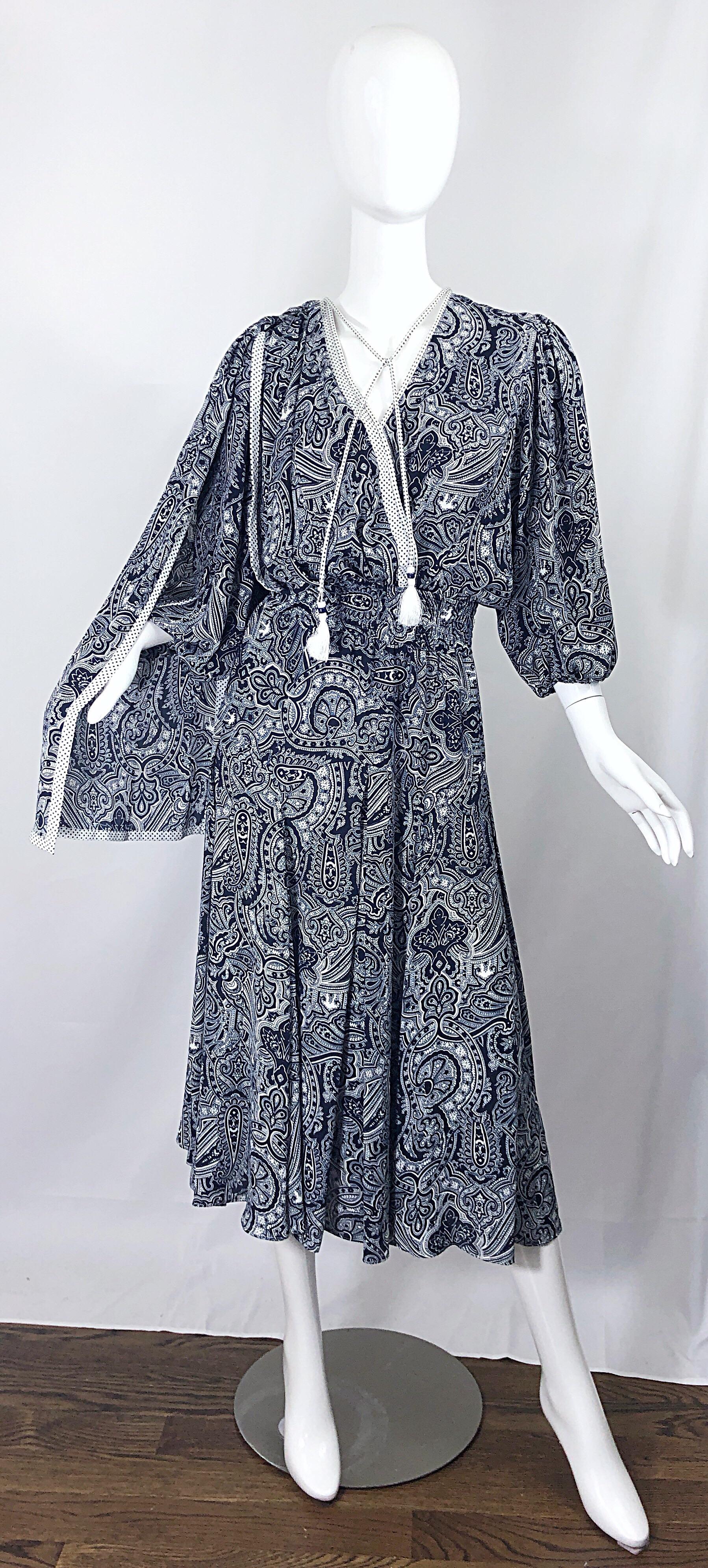 Diane Fres Vintage Navy Blue + White Paisley Bandanna Print Boho Sash Dress 5