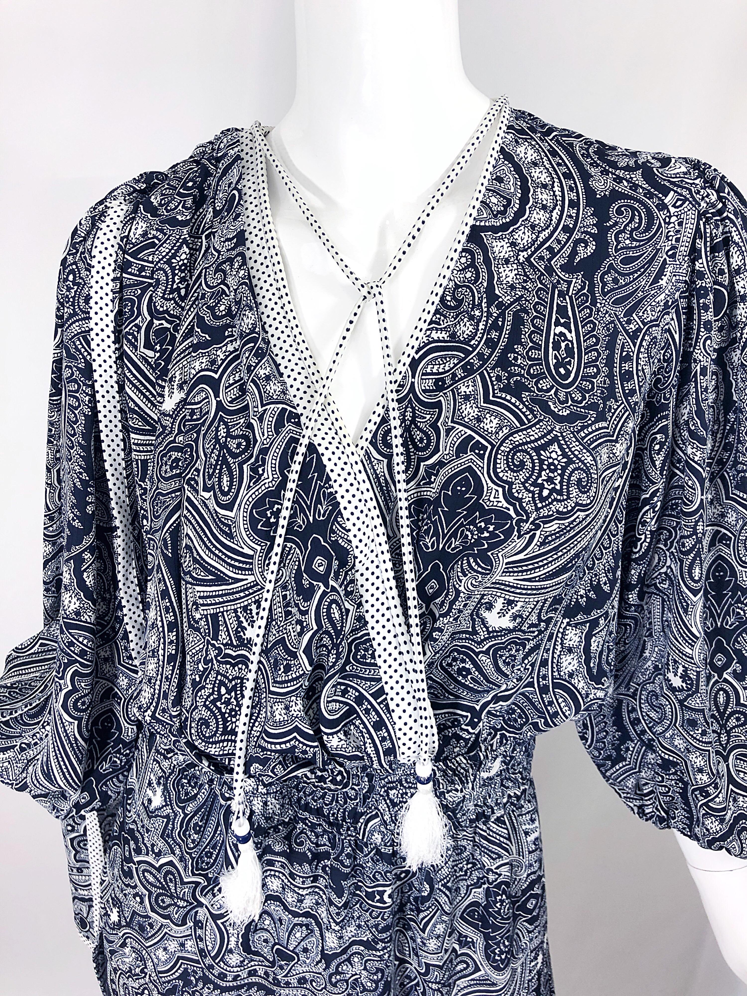 Black Diane Fres Vintage Navy Blue + White Paisley Bandanna Print Boho Sash Dress