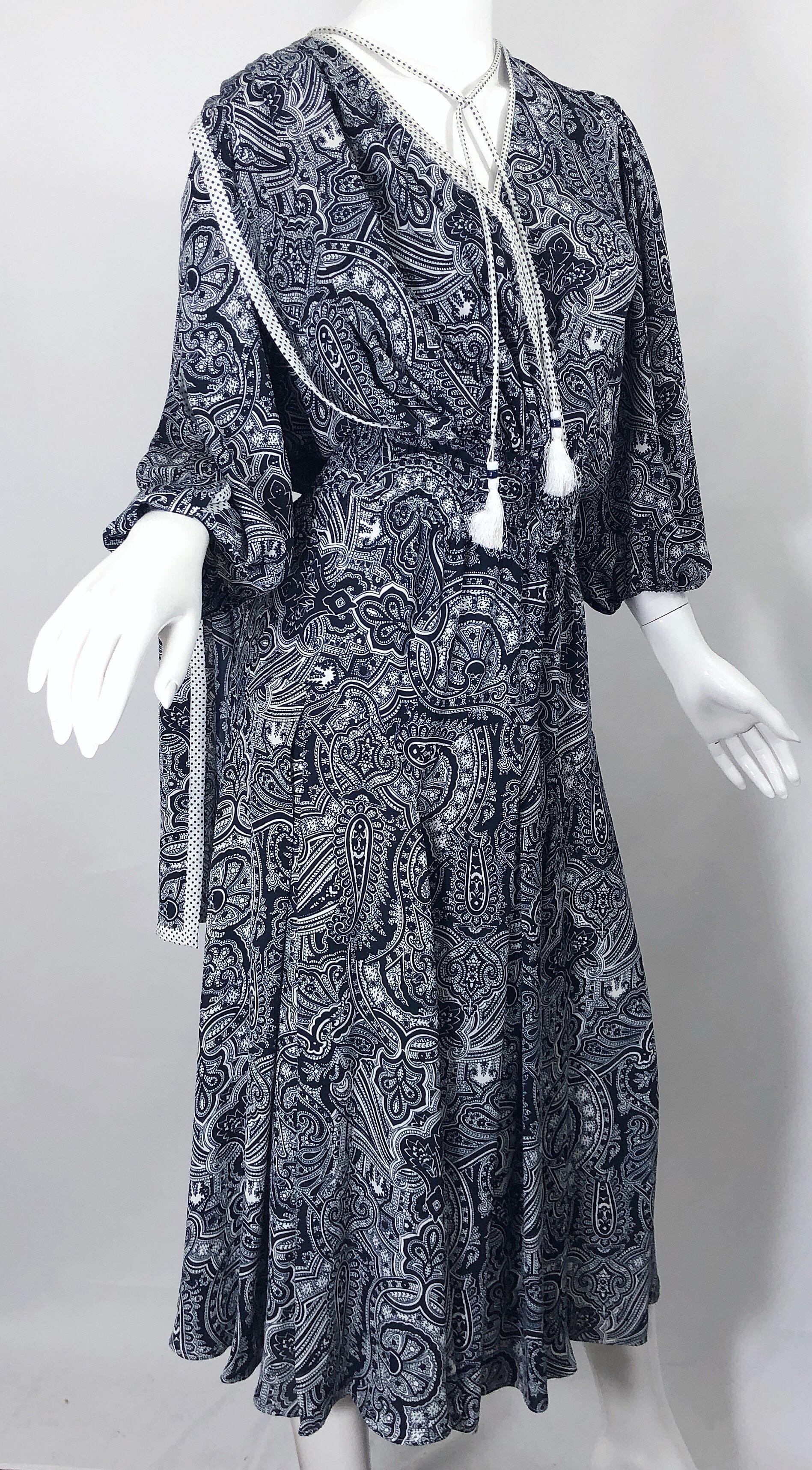 Women's Diane Fres Vintage Navy Blue + White Paisley Bandanna Print Boho Sash Dress