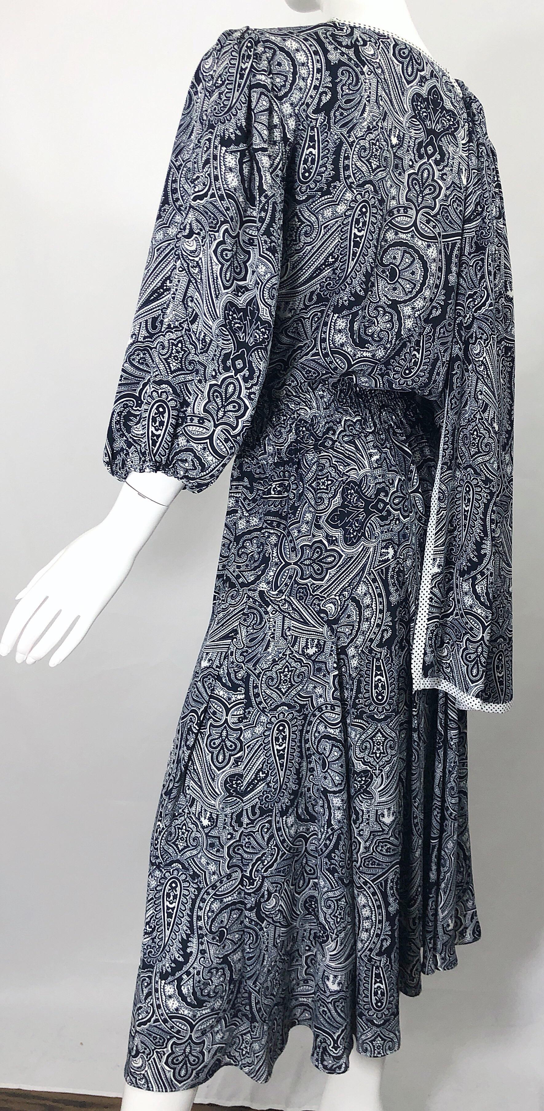 Diane Fres Vintage Navy Blue + White Paisley Bandanna Print Boho Sash Dress 1