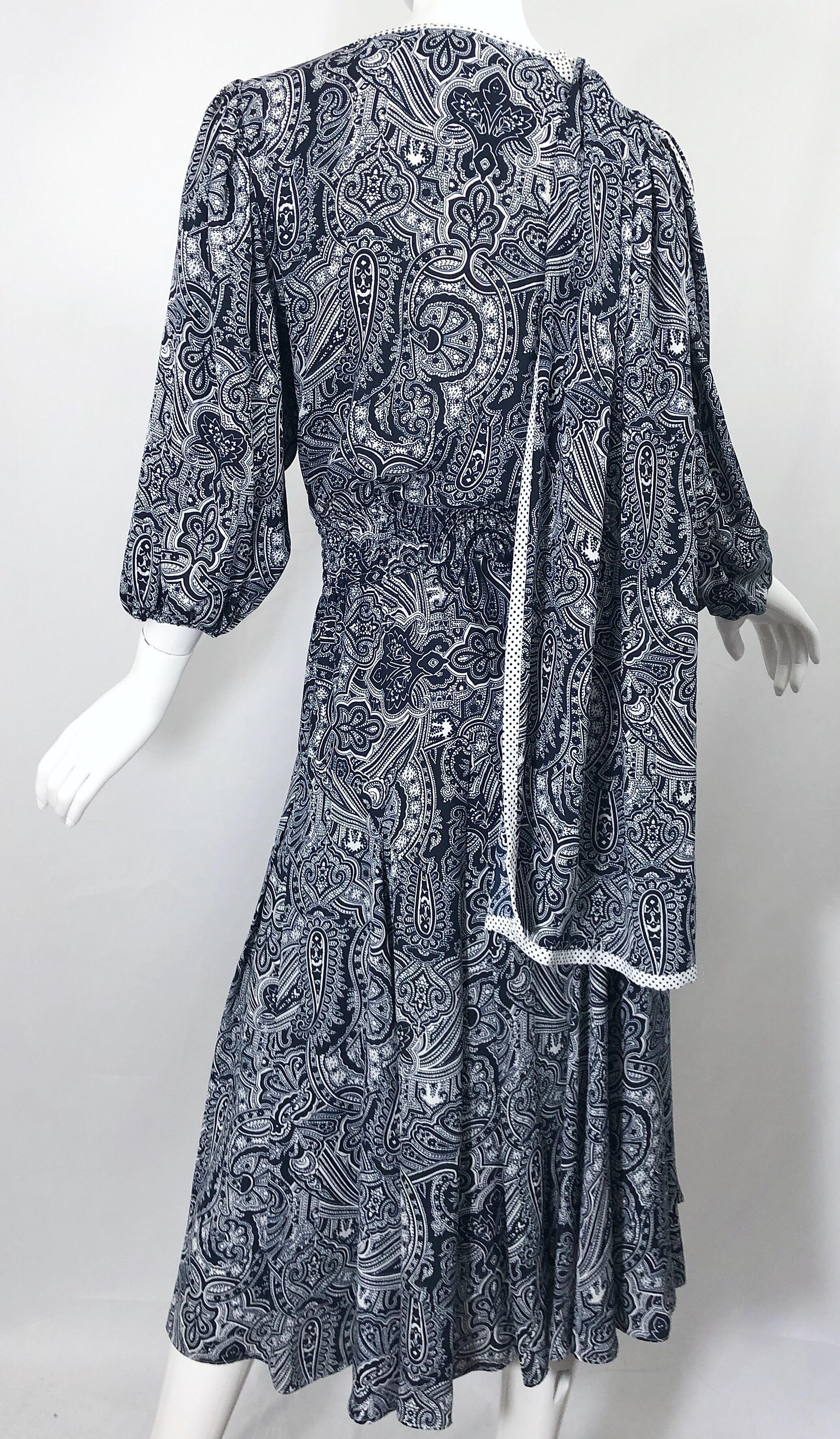 Diane Fres Vintage Navy Blue + White Paisley Bandanna Print Boho Sash Dress 3