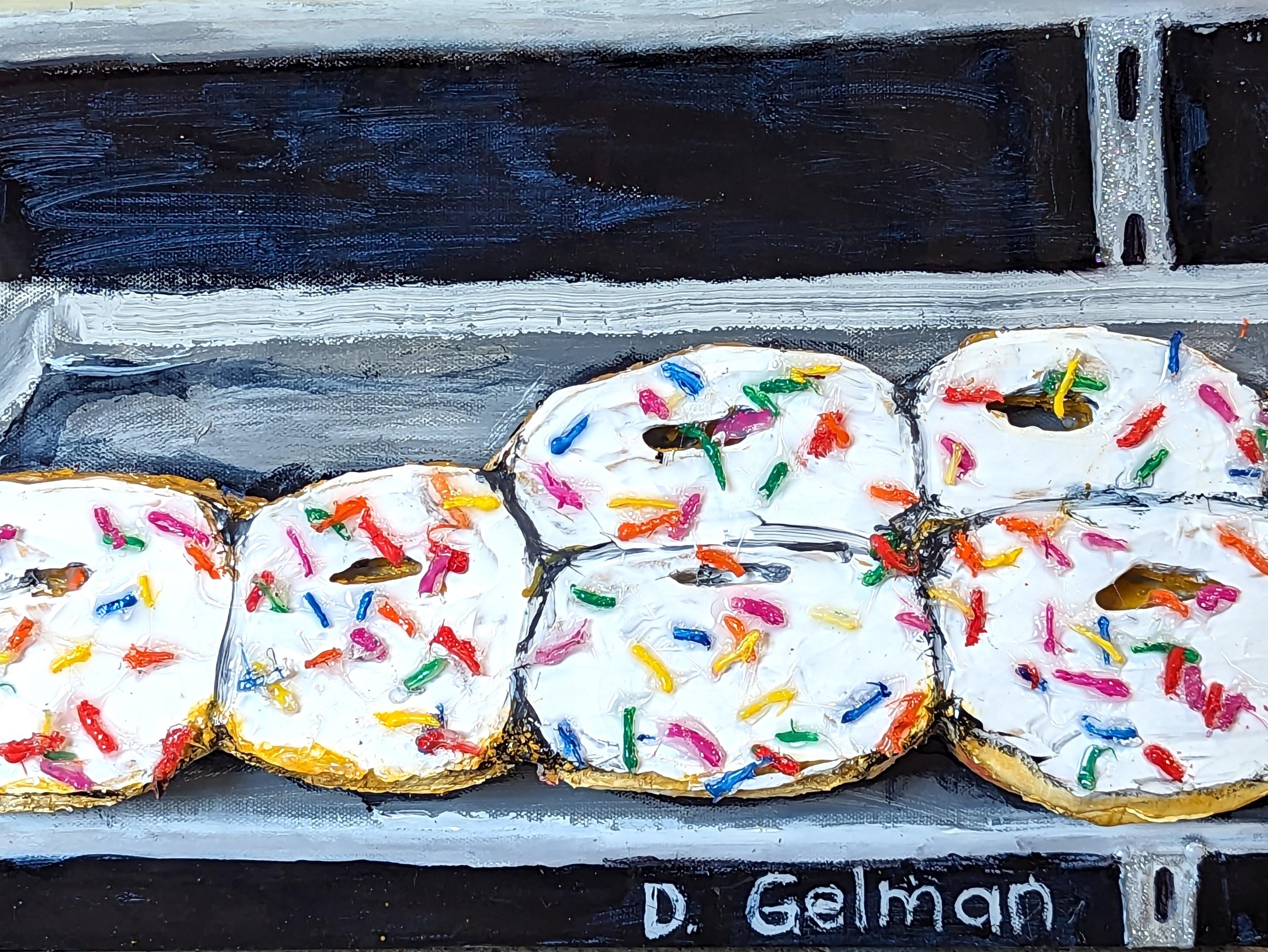 “DD's Doughnuts” Contemporary Colorful Mixed Media Food Collage For Sale 2