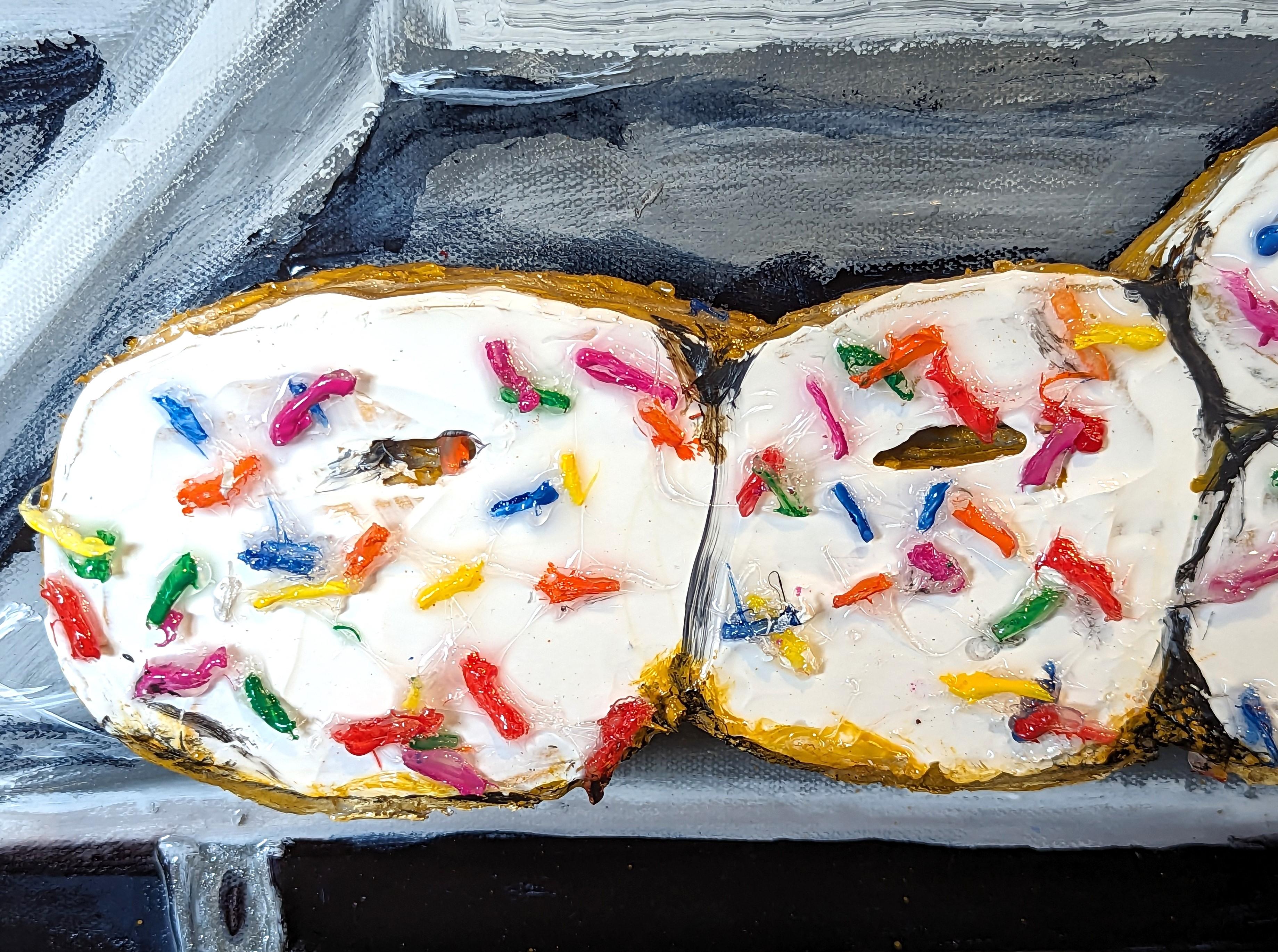 “DD's Doughnuts” Contemporary Colorful Mixed Media Food Collage For Sale 6