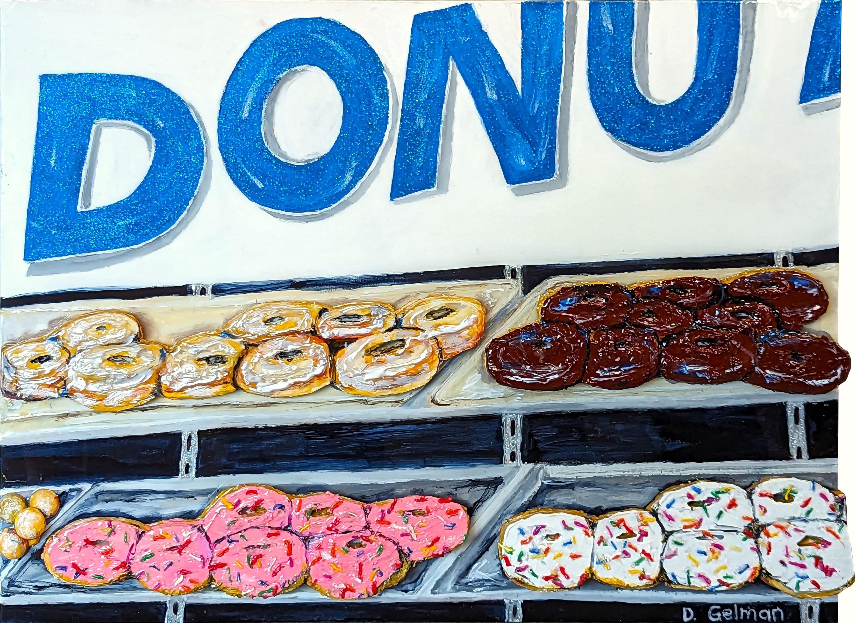 "DD's Doughnuts" Collage di cibo contemporaneo a tecnica mista e colorata - Mixed Media Art di Diane Gelman