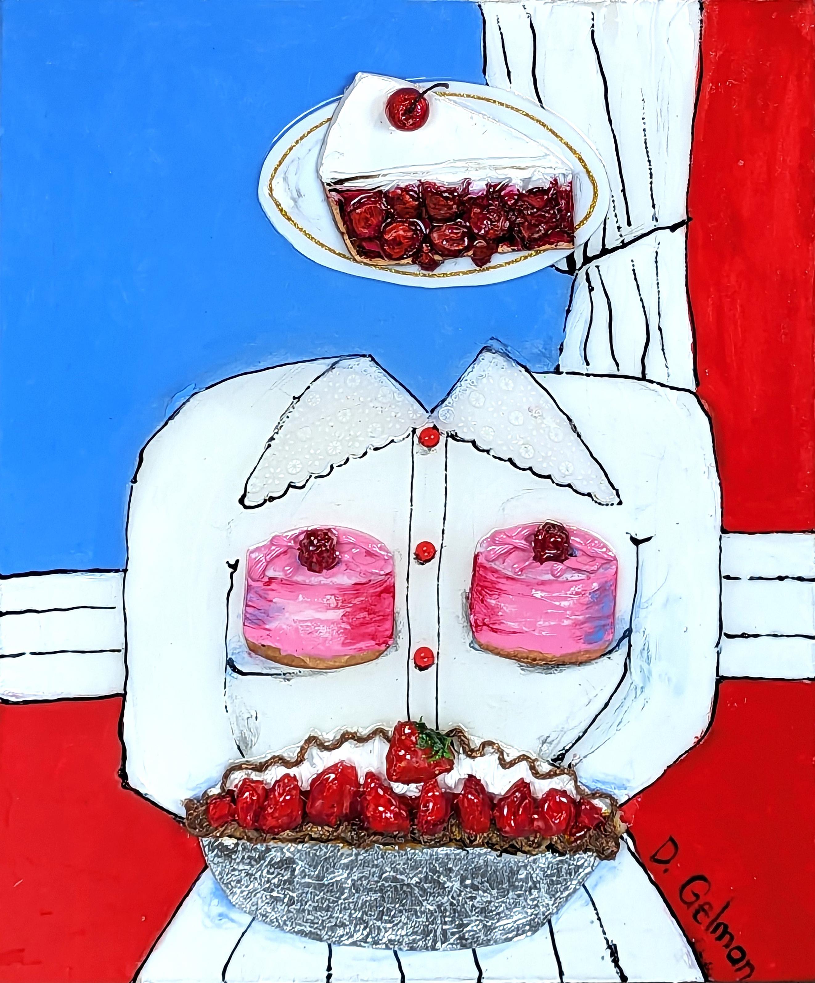 “Pies in the Sky” Contemporary Colorful Mixed Media Food Collage - Mixed Media Art by Diane Gelman