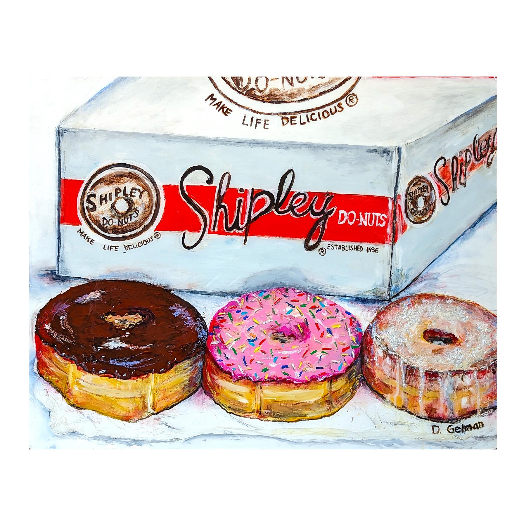 “Shipley's Do-Nuts” Contemporary Colorful Mixed Media Food Collage - Painting by Diane Gelman