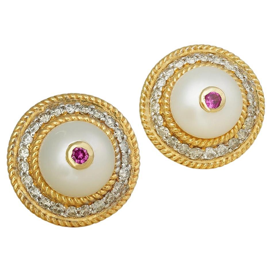 Diane Gold Diamond Ruby and Pearl Ear Studs For Sale