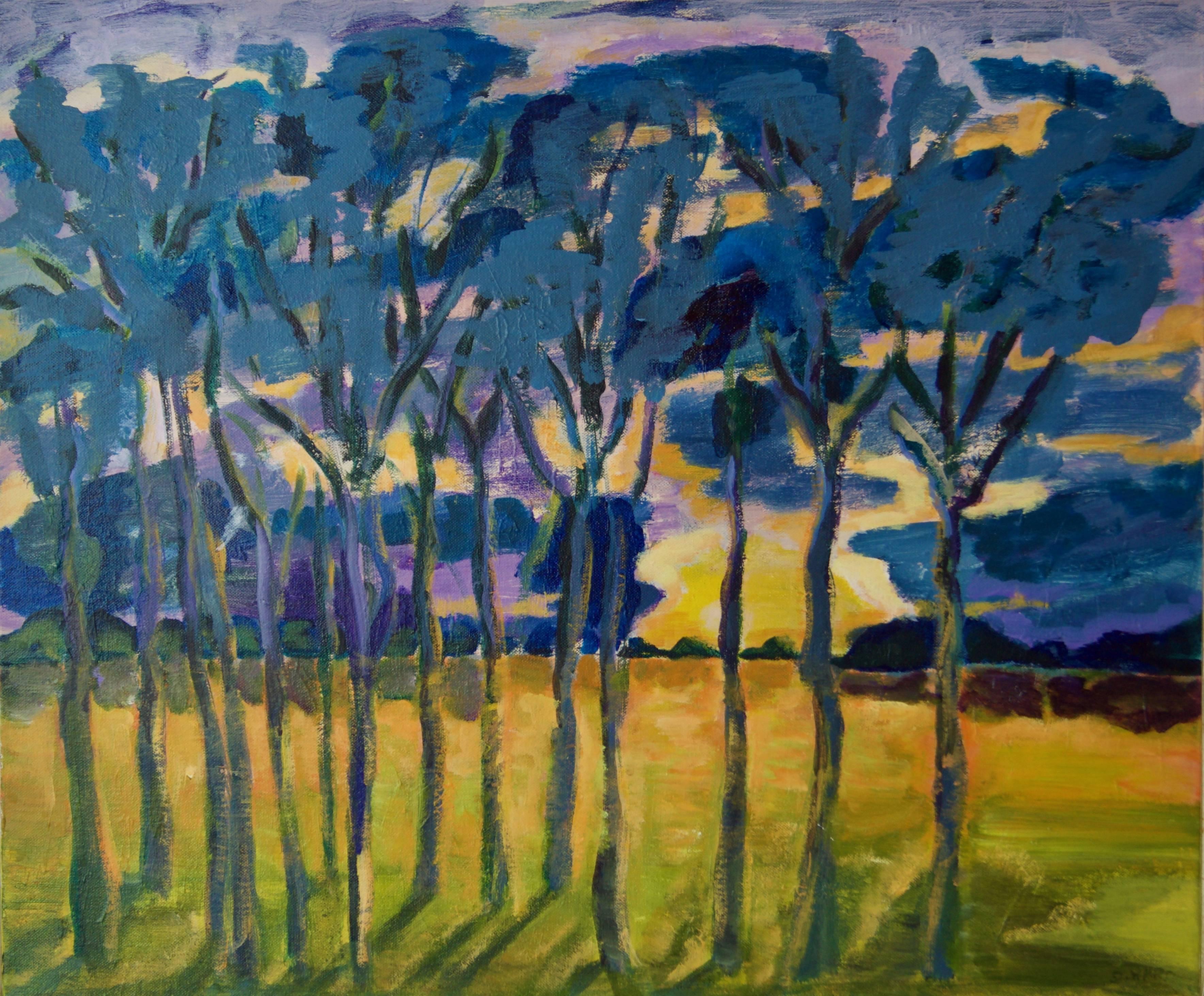 Abendschatten – postimpressionistische Bäume am Sonnenuntergang Acryl von Diane Hart