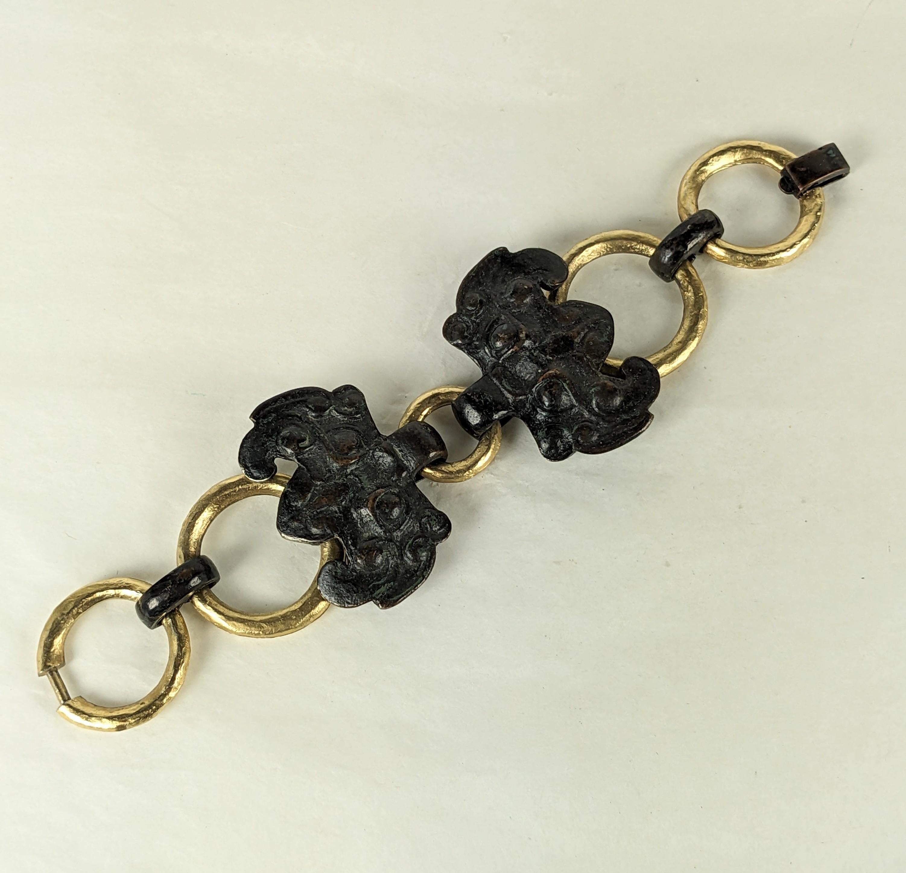 Diane Love for Trifari Ancient Chinese Motif Bracelet with patinaed bronze finish bats and hammered gold links. 7