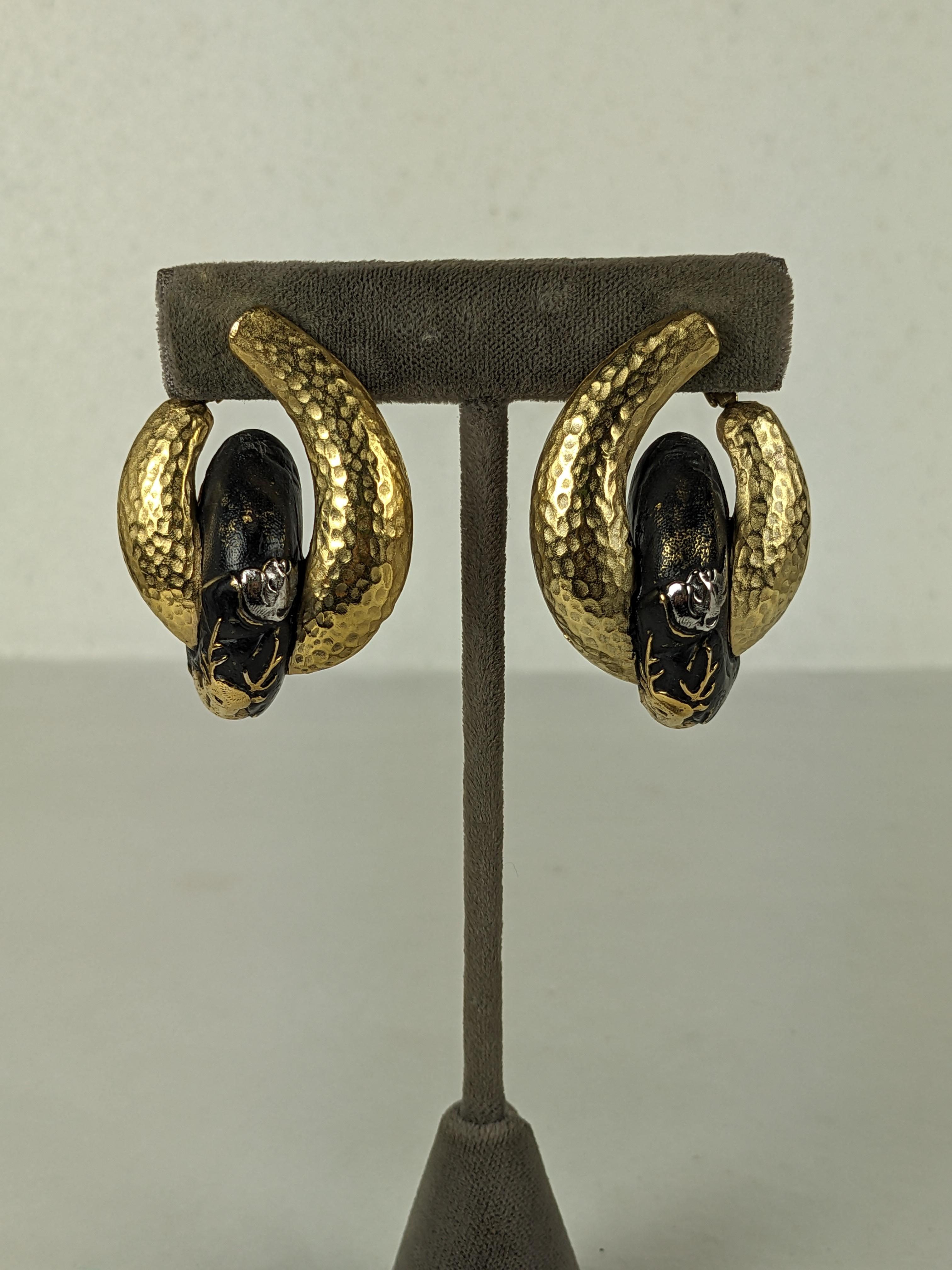 Striking Diane Love for Trifari Shakudo Style Earrings from the 1970's. Shakudo mixed metal designs paired with hammered gold finish metal. Clip fittings, 2