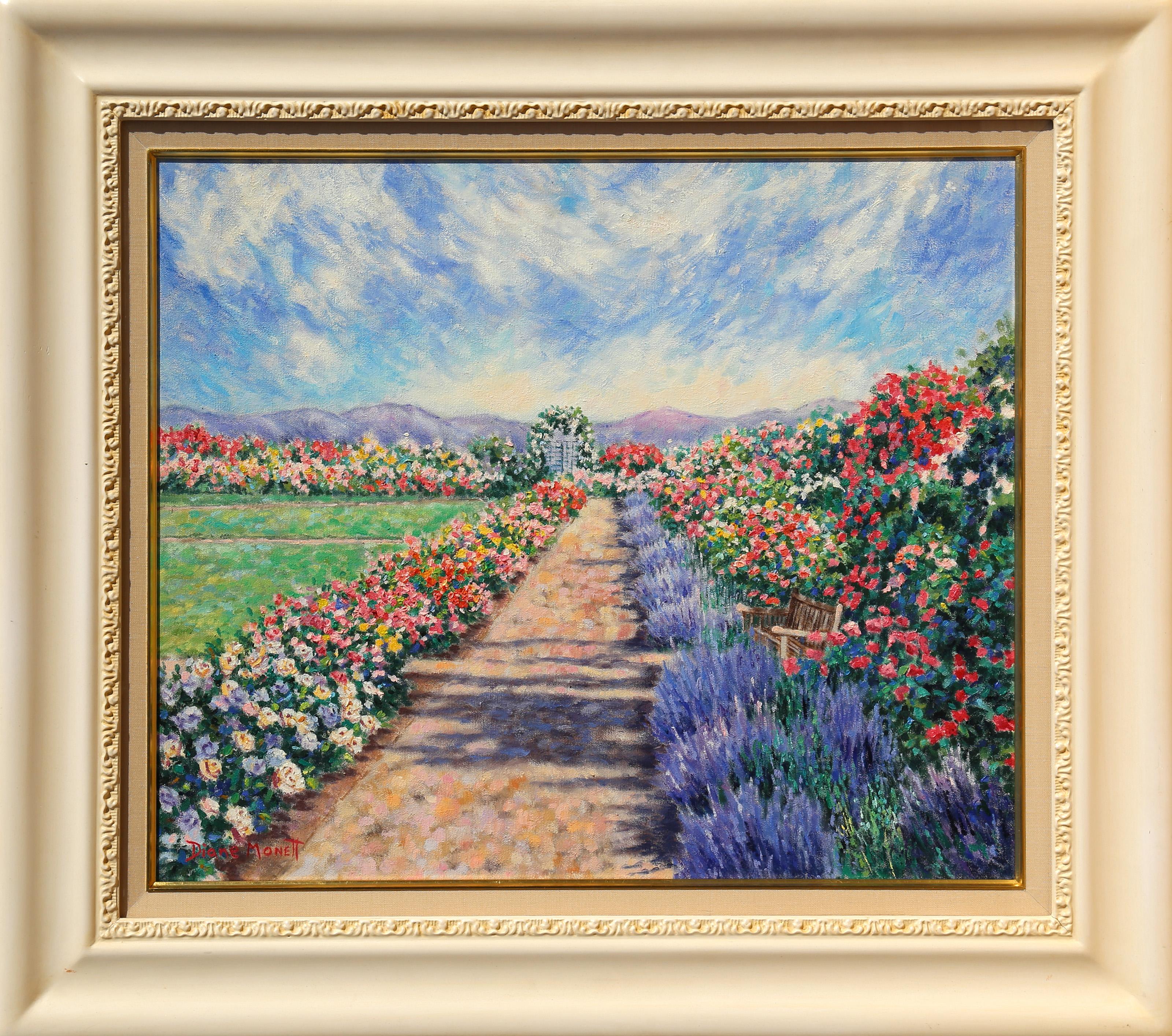 El exquisito paisaje de Diane Monet presenta arbustos de flores en flor y nubes ondulantes que realzan la belleza idílica del jardín y los campos.

Lugar para soñar
Diane Monet, estadounidense
Óleo sobre lienzo, firmado
Tamaño: 50,8 x 60,96 cm (20 x