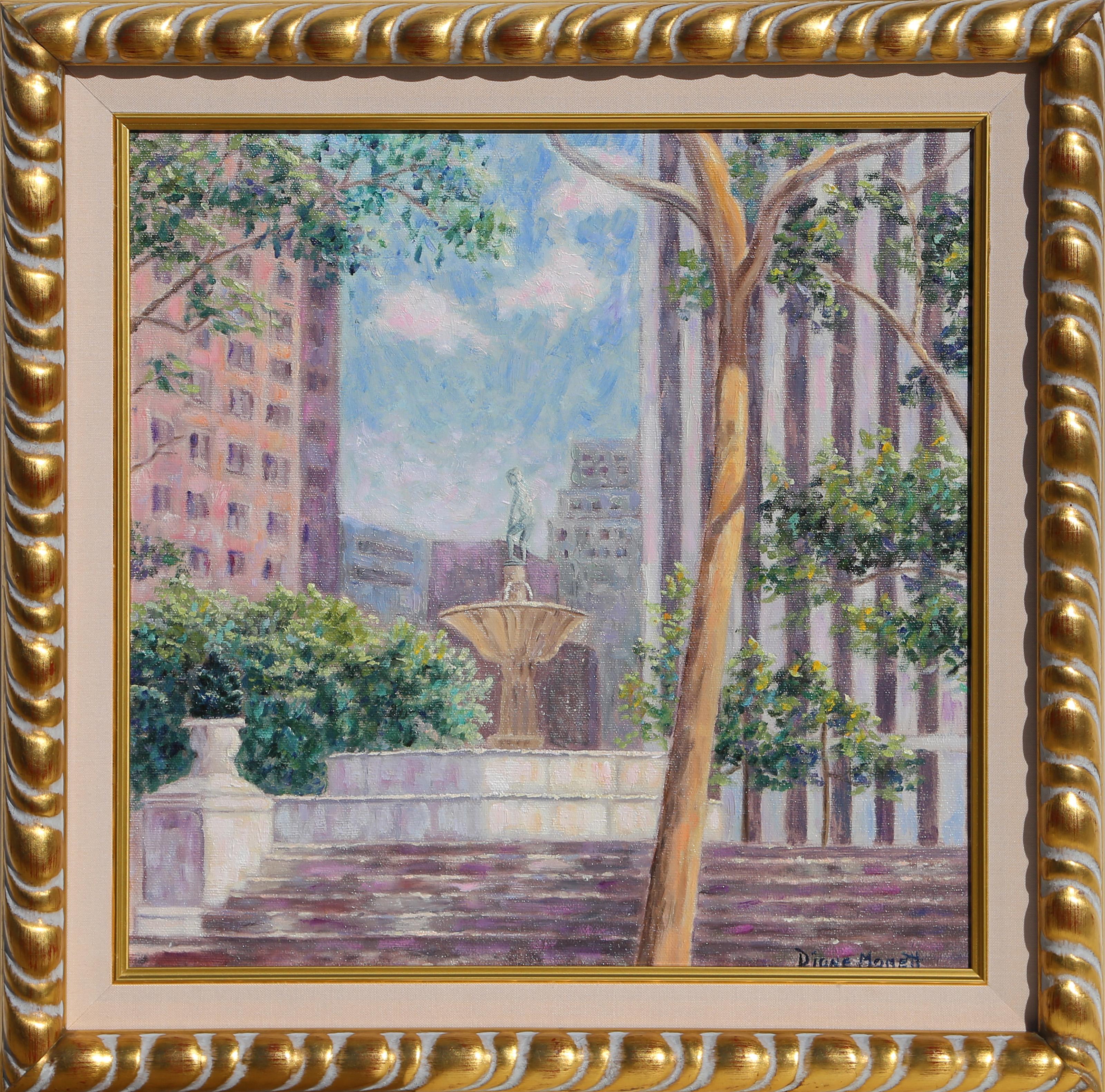 La fontana Pulitzer della Grand Army Plaza di New York è resa con lo stesso tocco impressionista di Diane Monet che si ritrova in altre sue opere più idilliache e pastorali.

Fontana di Plaza
Diane Monet, americana
Olio su tela, firmato
Dimensioni: