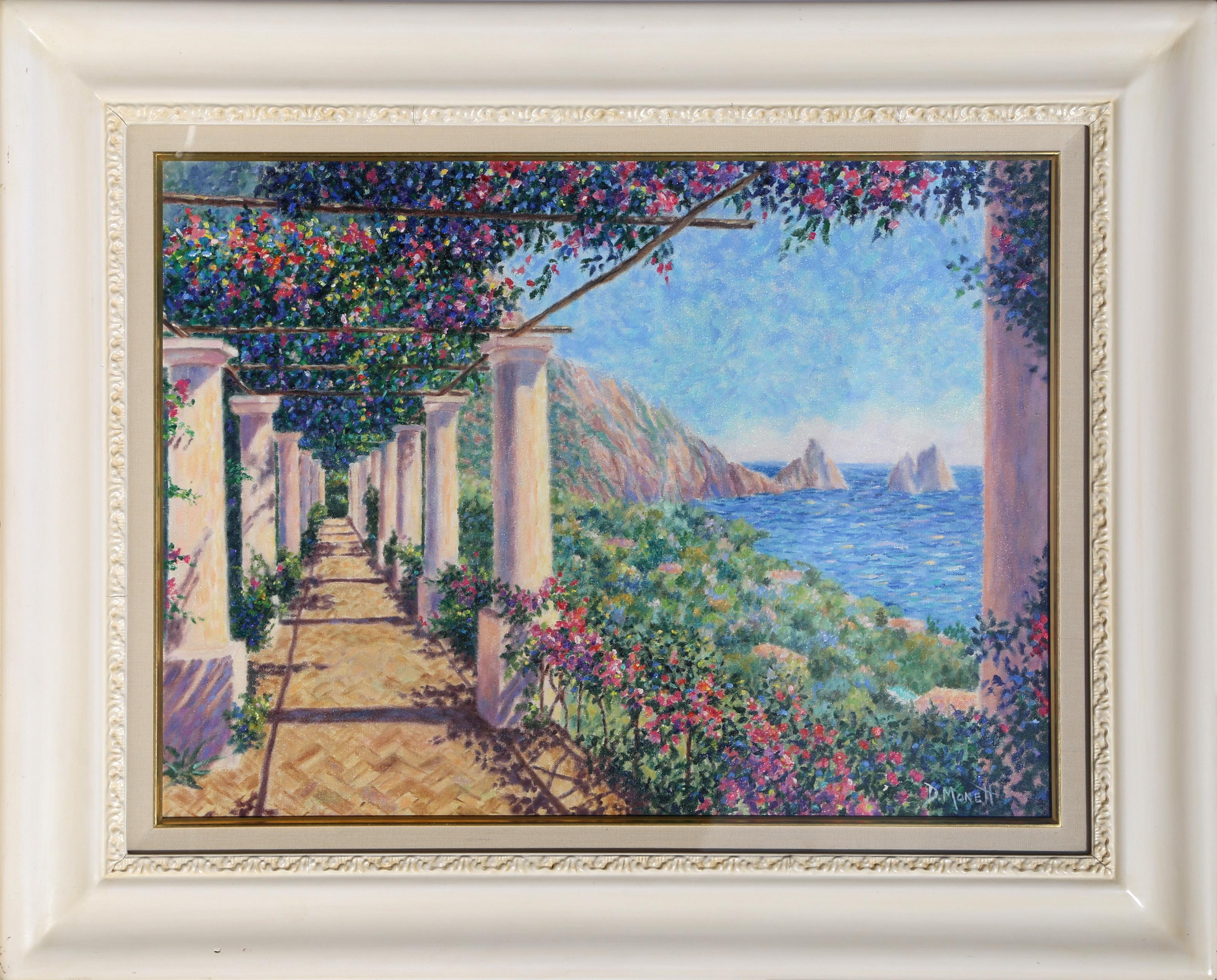 Diane Monet’s idyllic seaside retreat is shown with the same bright sunlight and flourishing flowers as is found in many of her other Impressionistic works.

Vista Firaglioni
Diane Monet, American
Oil on Canvas, signed
Size: 20 x 24 in. (50.8 x