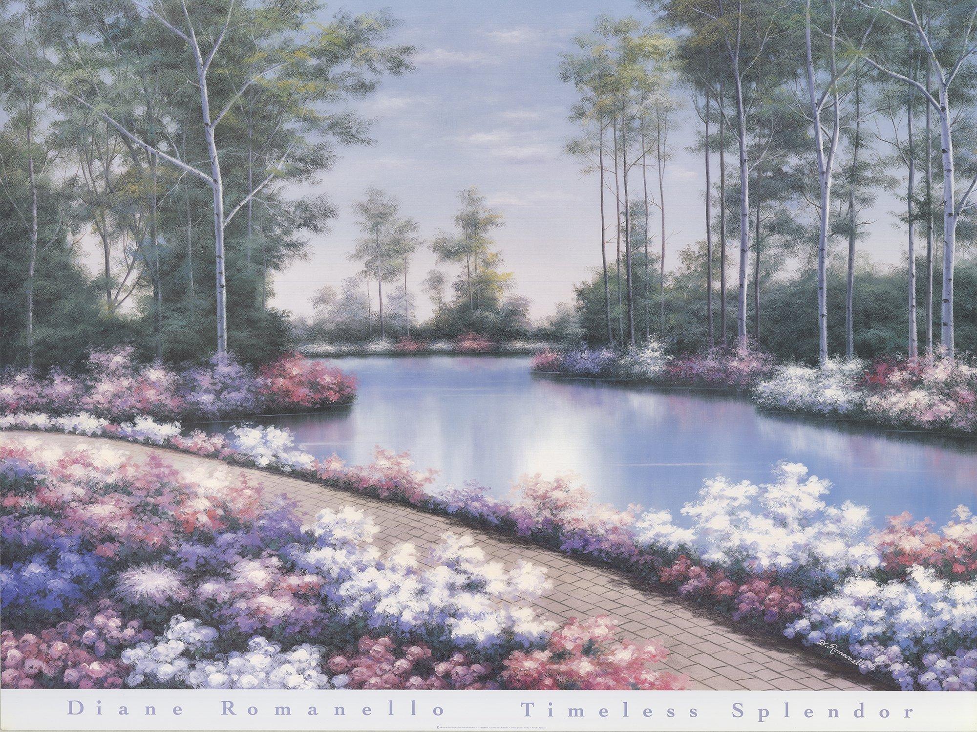 Questa grande riproduzione di Timeless Splendor di Diane Romanello, pubblicata da Bruce McGaw Graphics nel 1995, è uno splendido esempio della sua arte paesaggistica tranquilla e pittoresca. Con una dimensione di 36 x 48 pollici, quest'opera mette