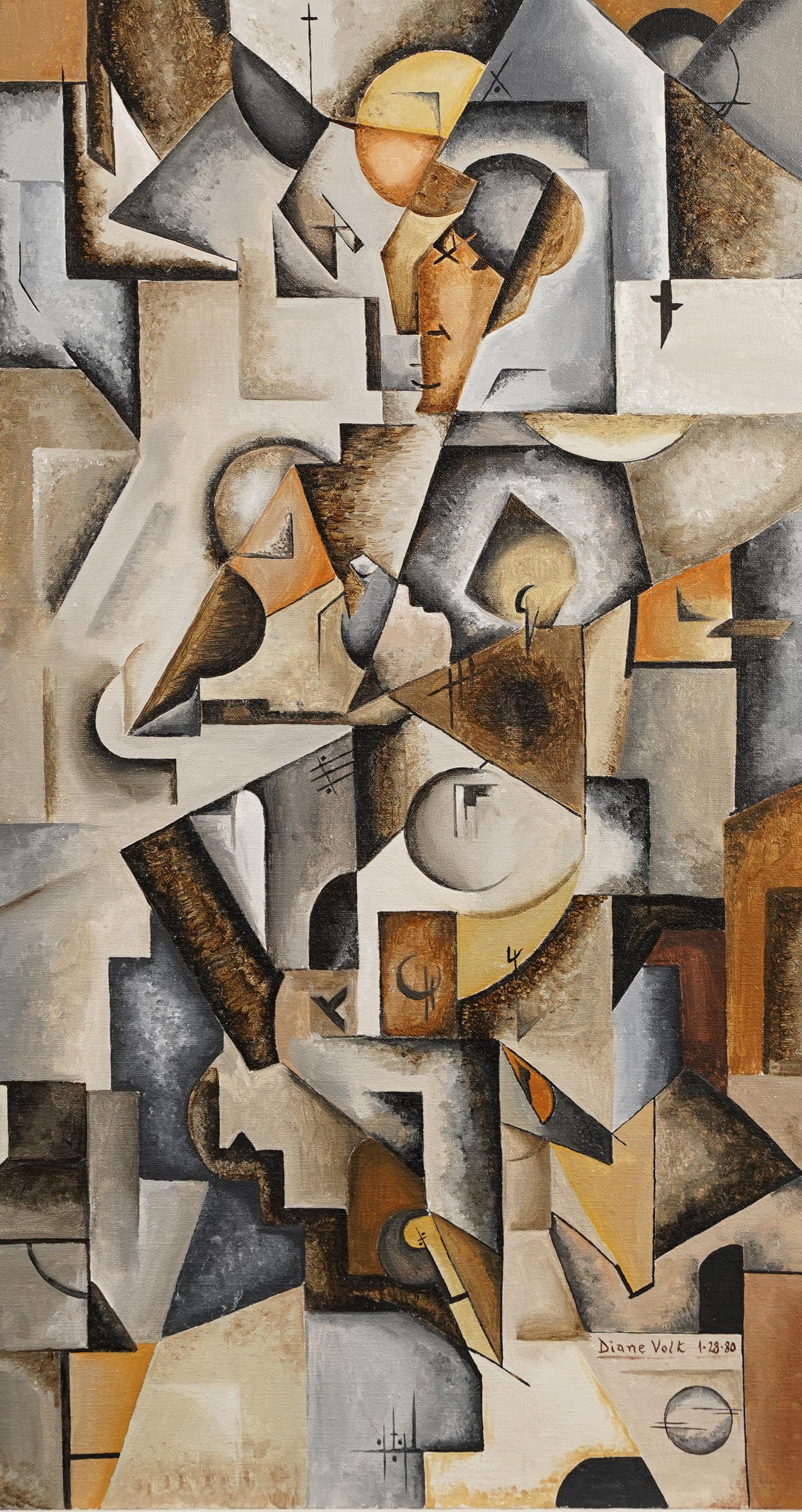 Pintura al óleo cubista americana firmada vintage.  Óleo sobre lienzo.  Firmado.  