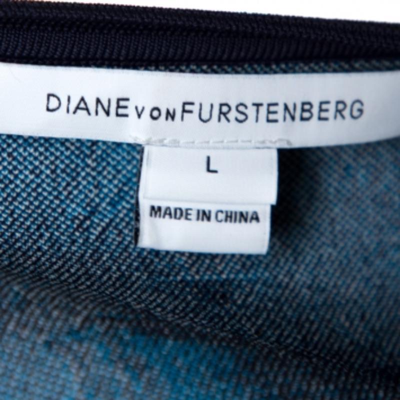 Diane von Furstenberg Admiral Marineblau & Elfenbein Intarsienstrick Jalen Kleid L Damen im Angebot