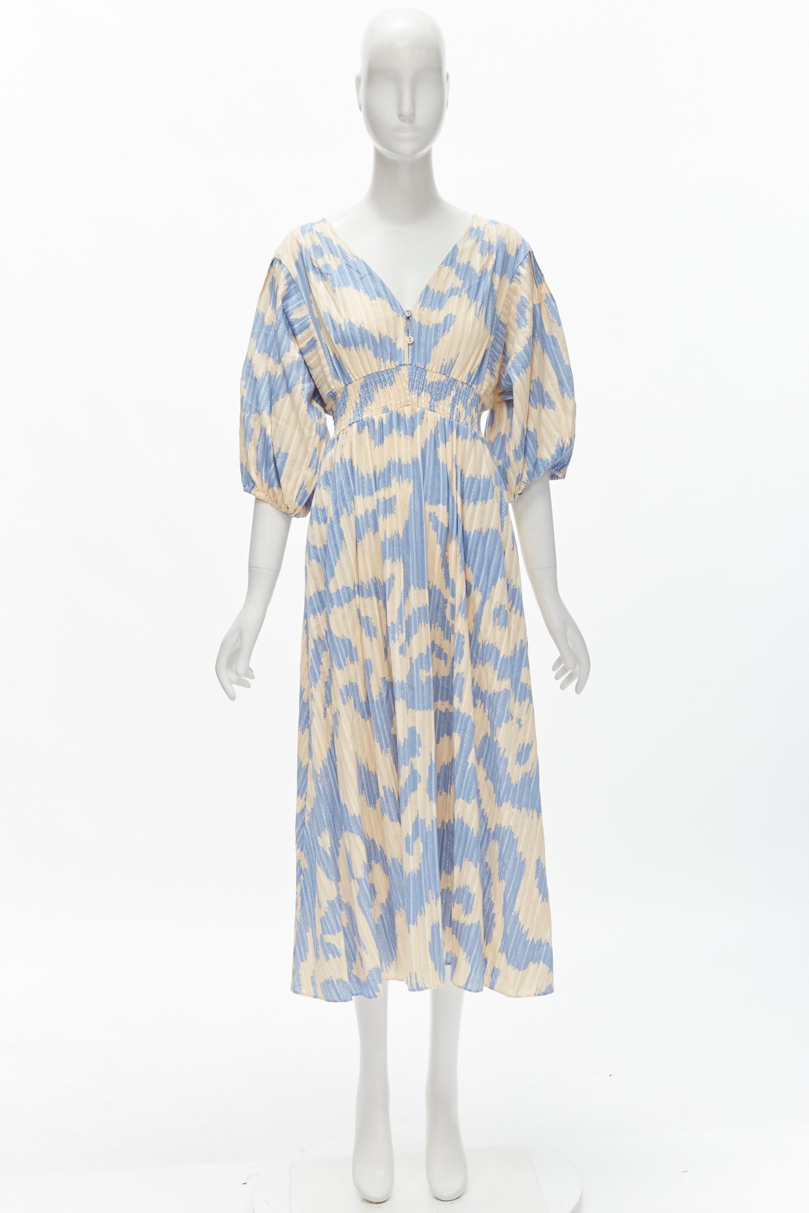 DIANE VON FURSTENBERG beige blue print lattice embroidery puff sleeve dress US8 For Sale 6