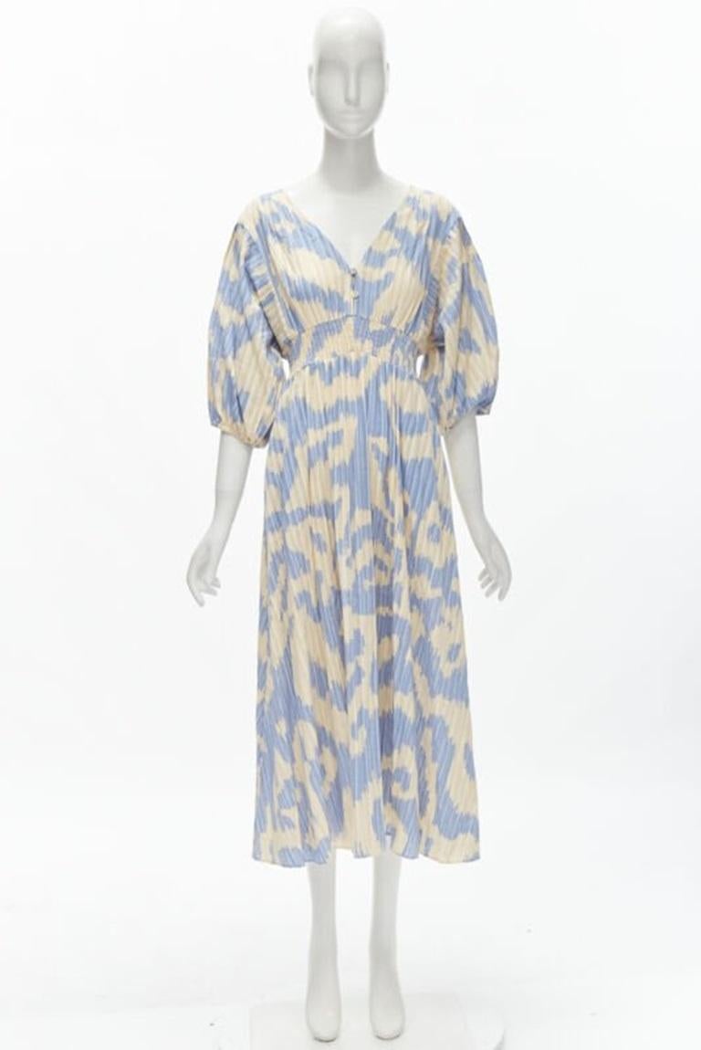 DIANE VON FURSTENBERG beige blue print lattice embroidery puff sleeve dress US8 For Sale 5