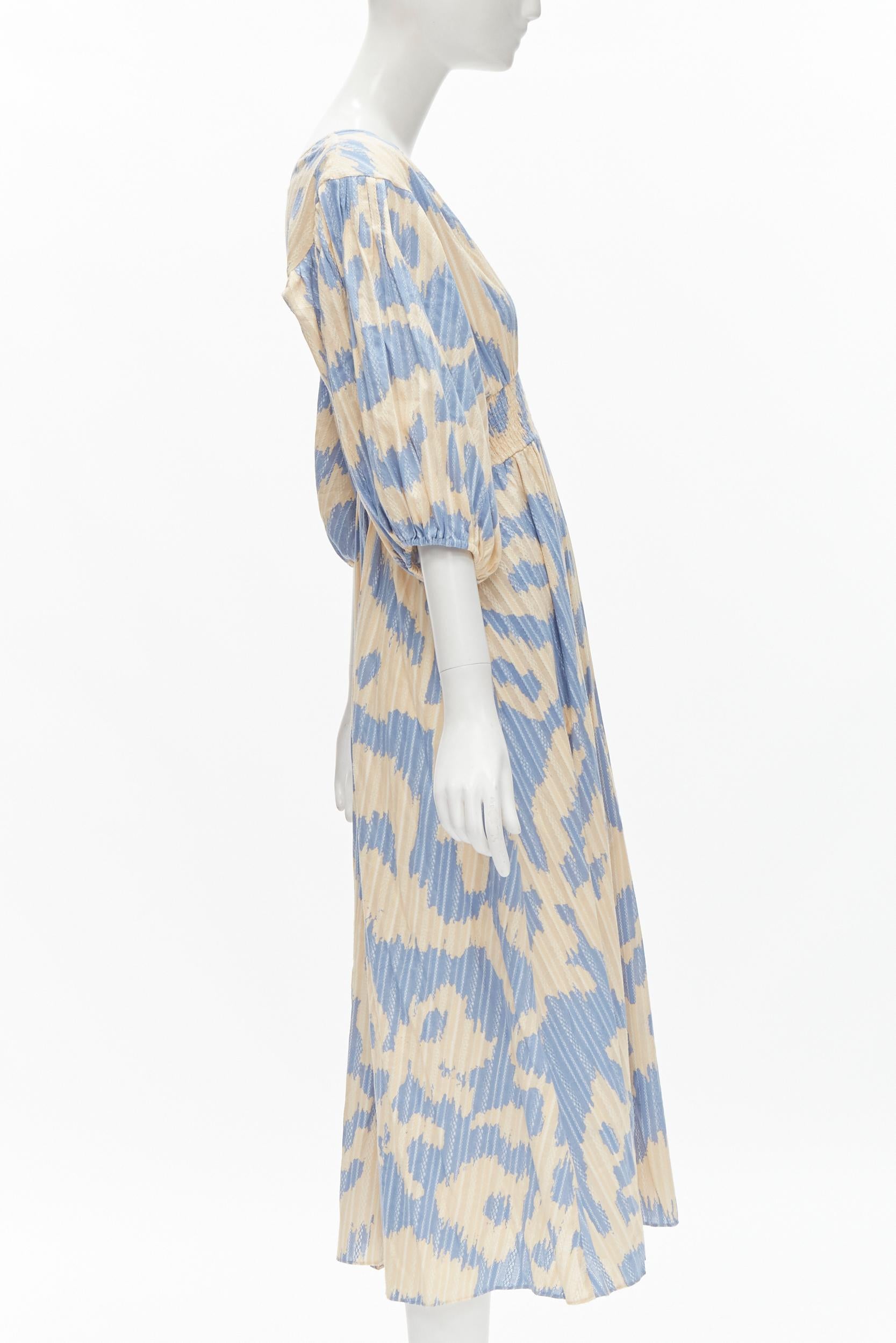 Women's DIANE VON FURSTENBERG beige blue print lattice embroidery puff sleeve dress US8 For Sale