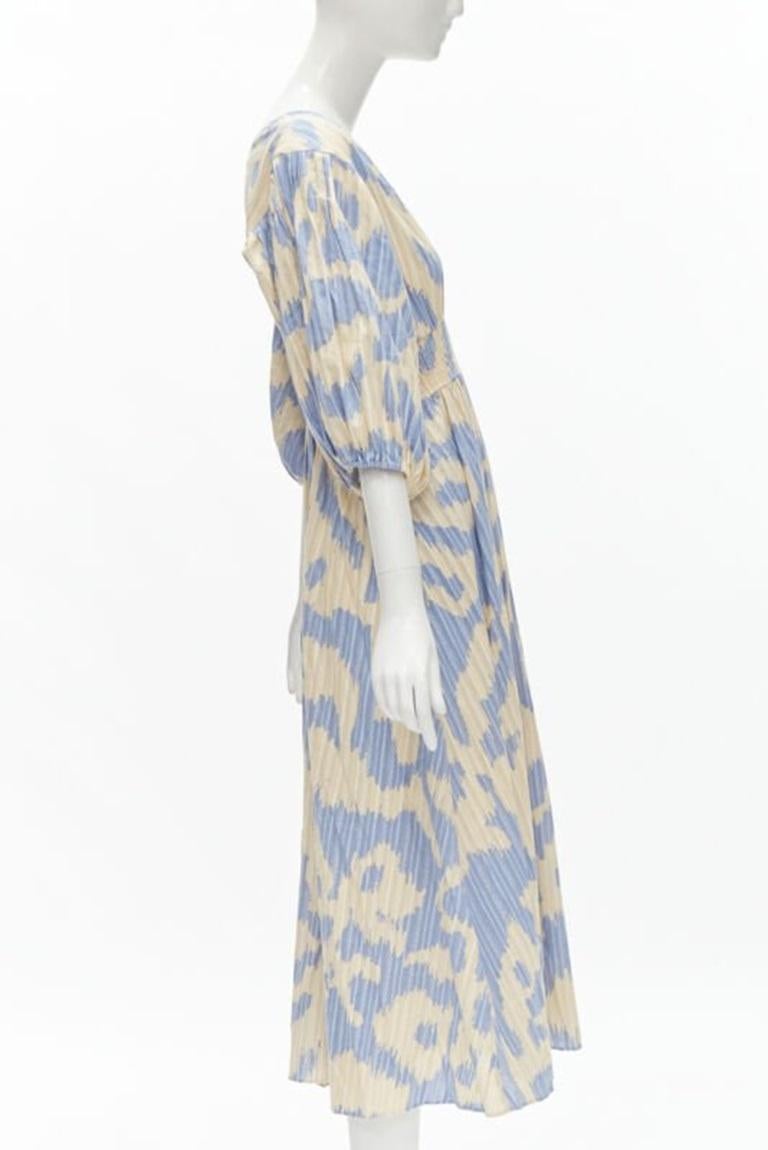 DIANE VON FURSTENBERG beige blue print lattice embroidery puff sleeve dress US8 In Excellent Condition For Sale In Hong Kong, NT