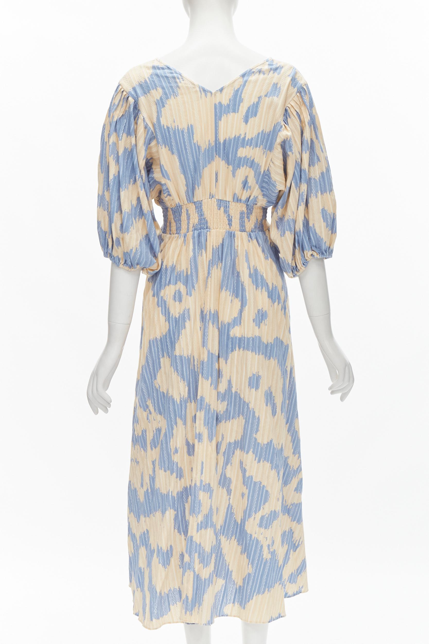 DIANE VON FURSTENBERG beige blue print lattice embroidery puff sleeve dress US8 For Sale 1