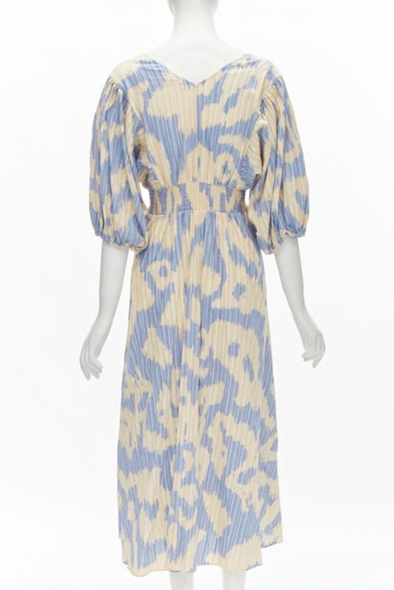 Women's DIANE VON FURSTENBERG beige blue print lattice embroidery puff sleeve dress US8 For Sale