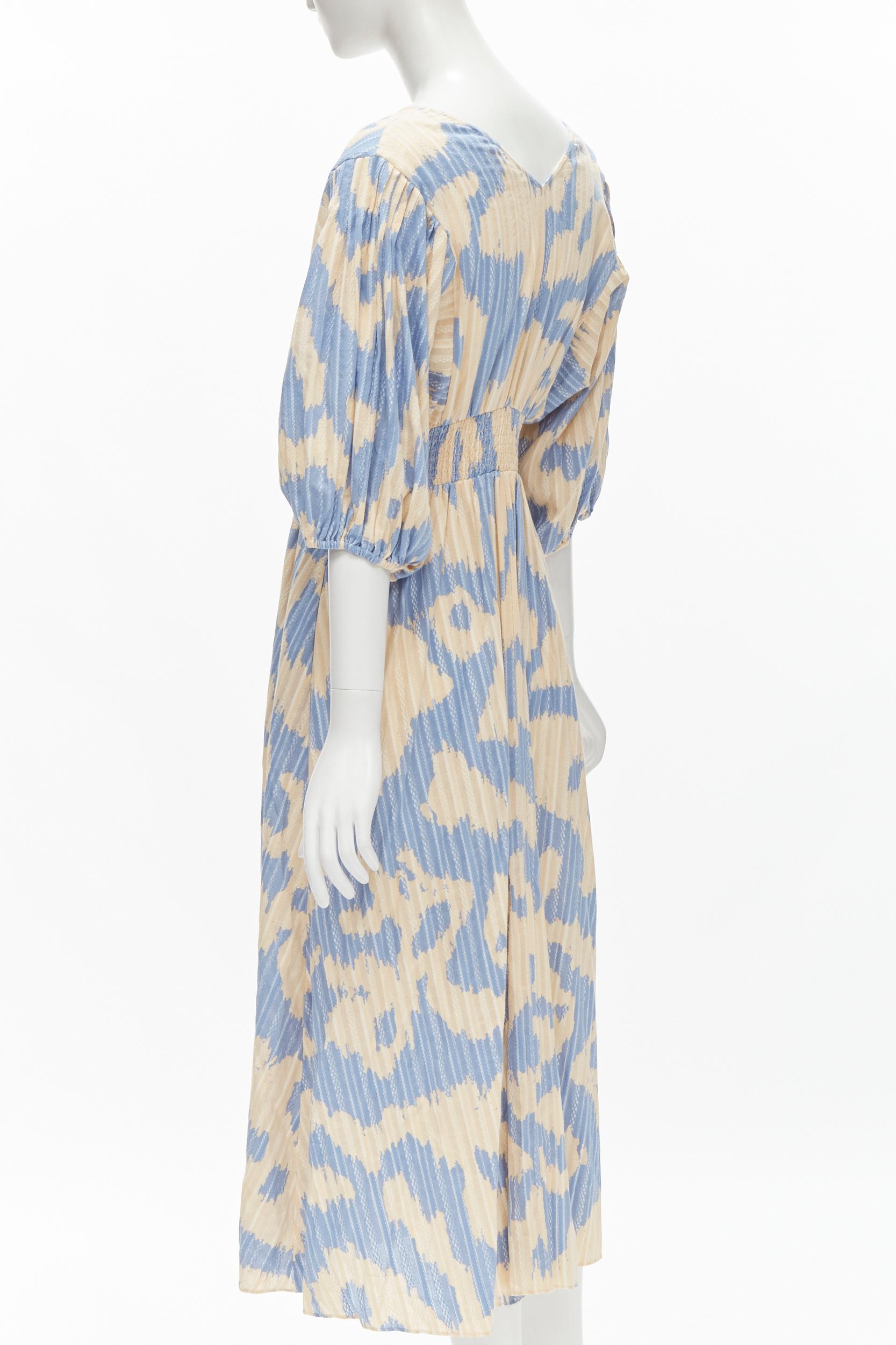 DIANE VON FURSTENBERG beige blue print lattice embroidery puff sleeve dress US8 For Sale 2