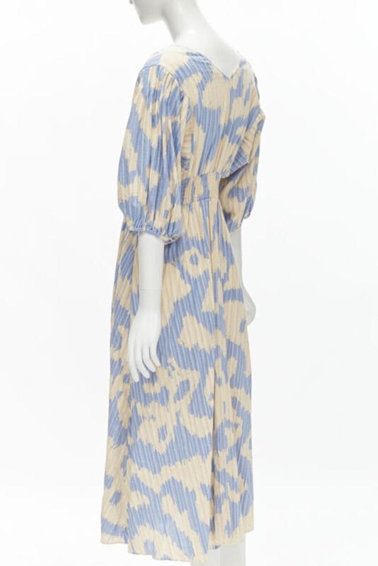 DIANE VON FURSTENBERG beige blue print lattice embroidery puff sleeve dress US8 For Sale 1