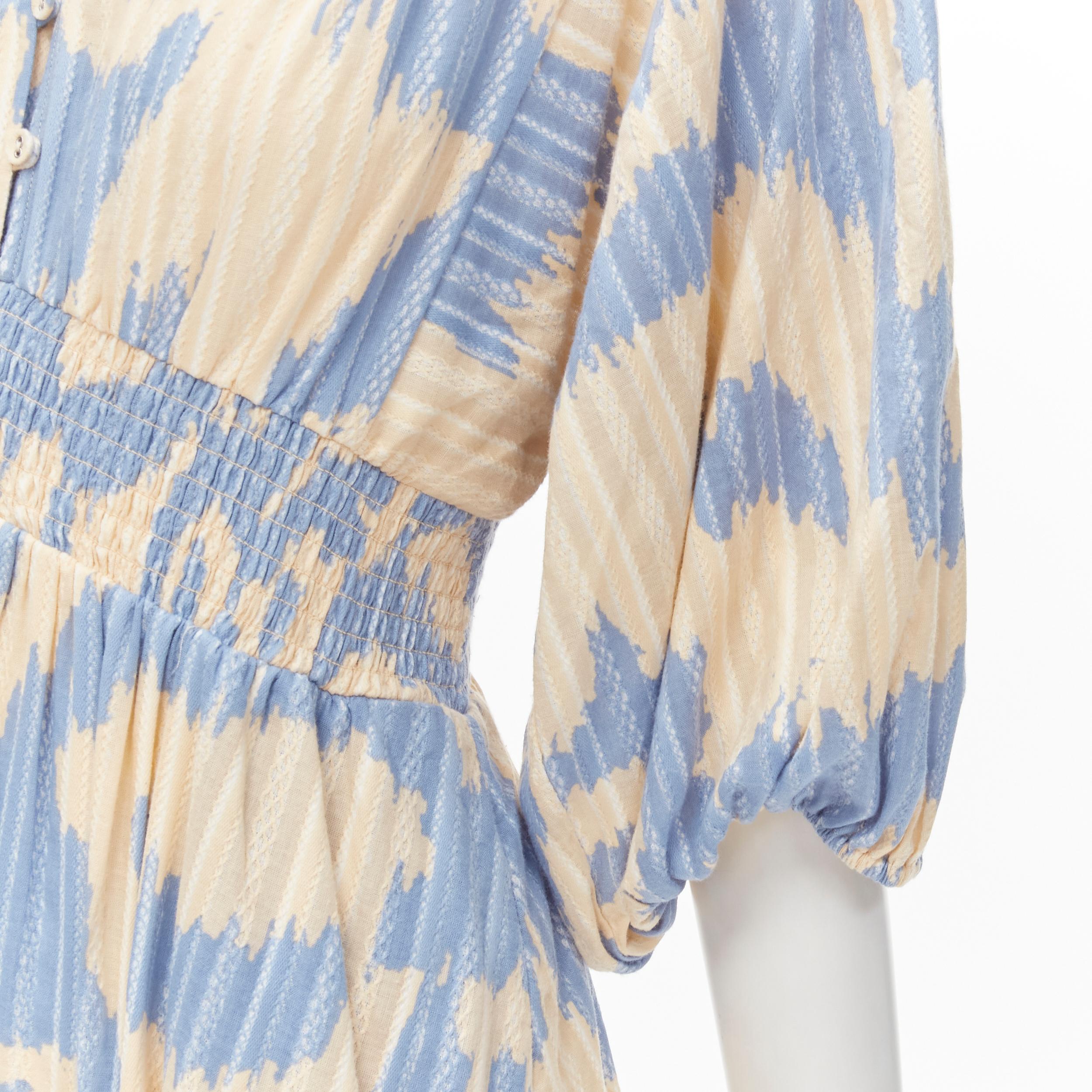 DIANE VON FURSTENBERG beige blue print lattice embroidery puff sleeve dress US8 For Sale 3