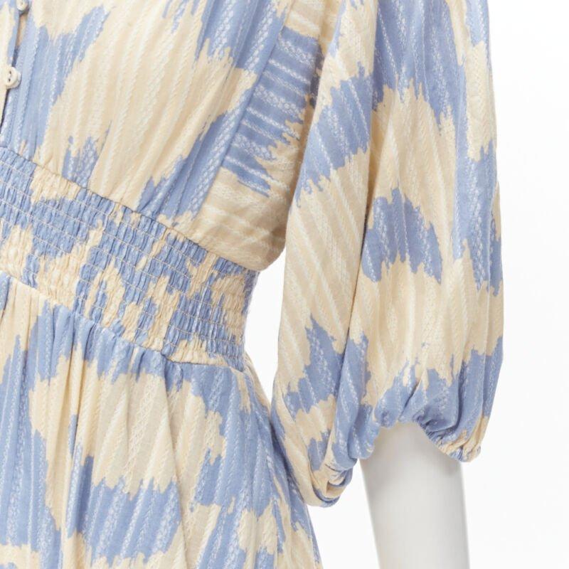 DIANE VON FURSTENBERG beige blue print lattice embroidery puff sleeve dress US8 For Sale 2